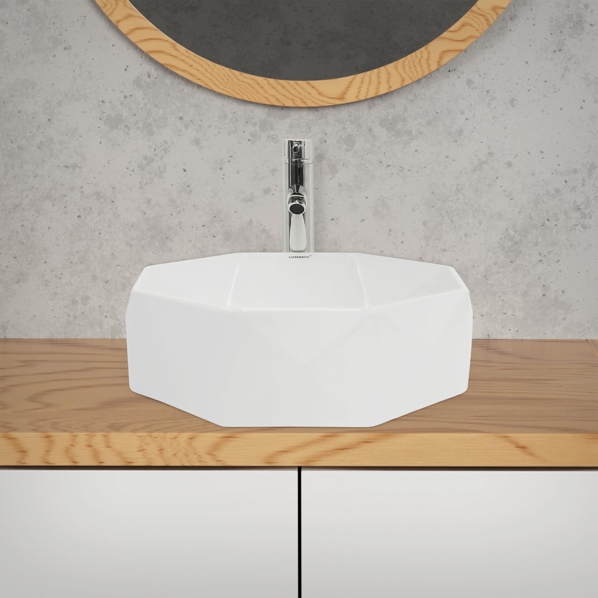 ML-Design Lavabo Sobre Encimera, Ø 42x13,5 cm, Cerámica, Diseño Diamante, Lavadero Blanco Brillante, Lavamanos Sobremesa Sanitario Baño o Aseo, Moderno y Elegante, Pila Común sin Válvula de Desagüe