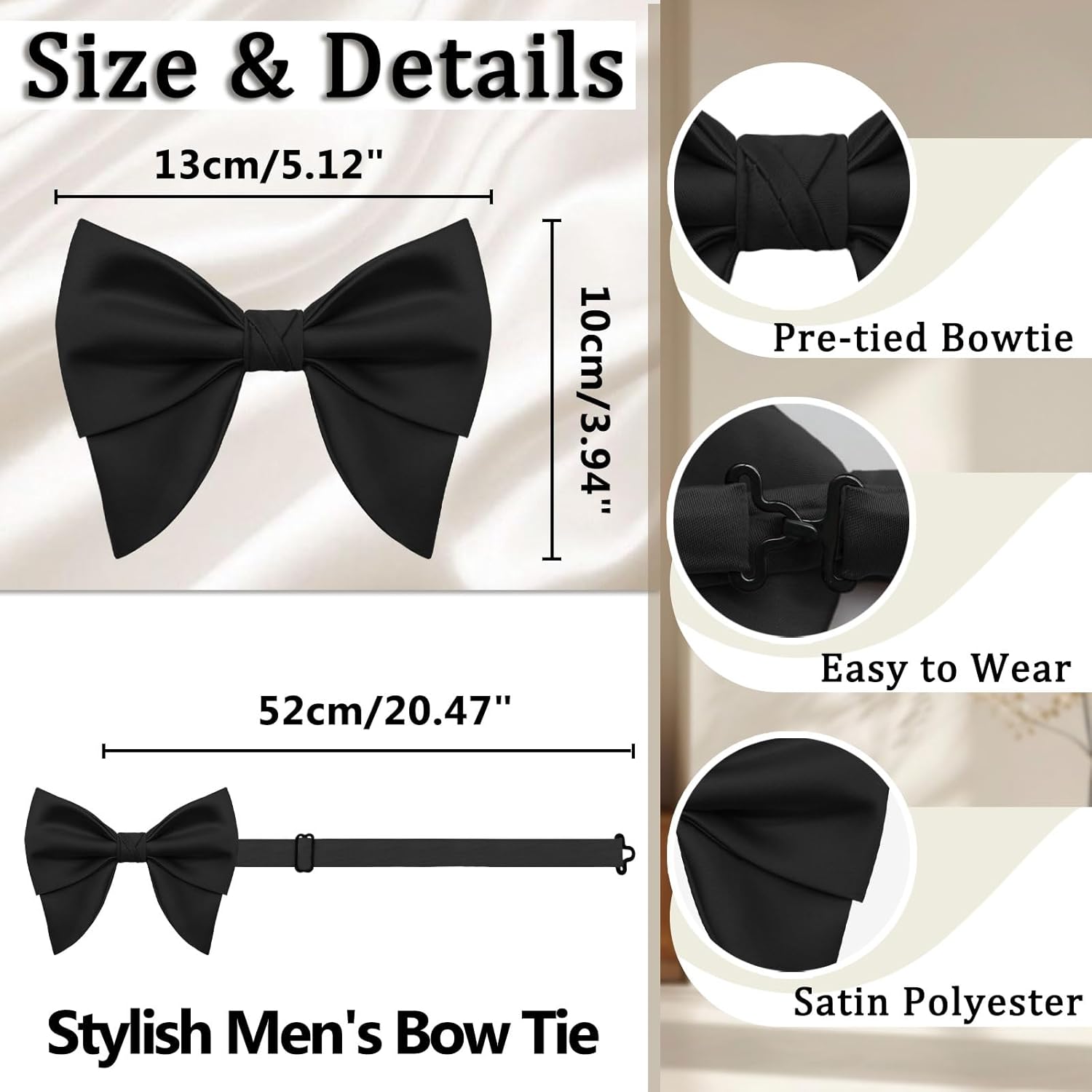 Oversized Bow Ties for Men, Satin Mens Bowtie Adjustable Pre-tied Bowties Men for Wedding Party Prom Banquet - Image 3