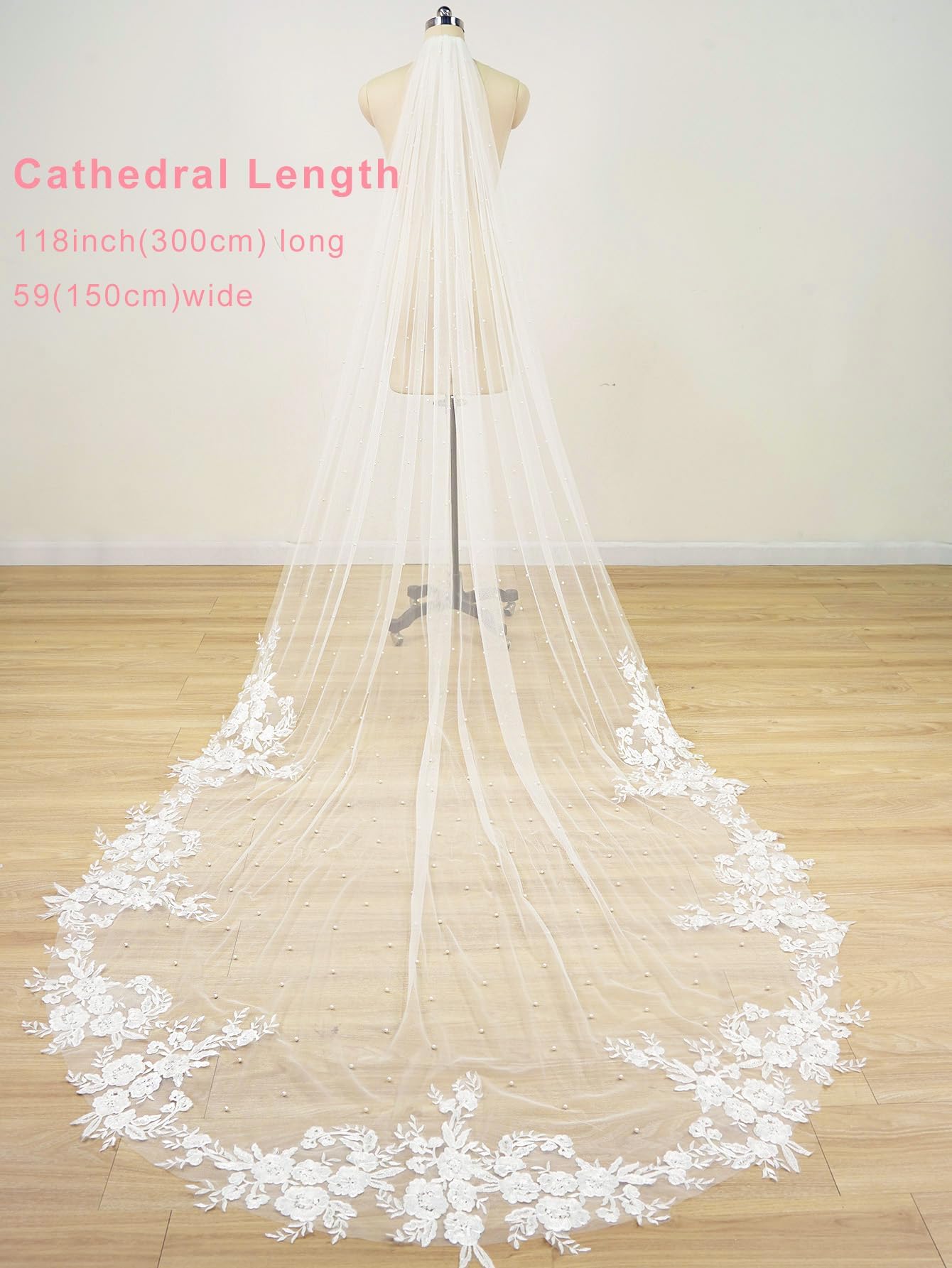 EllieWely Schleier mit langen Perlen, floraler Spitze, weicher Tüll, Hochzeit, Brautschleier mit Metallkamm