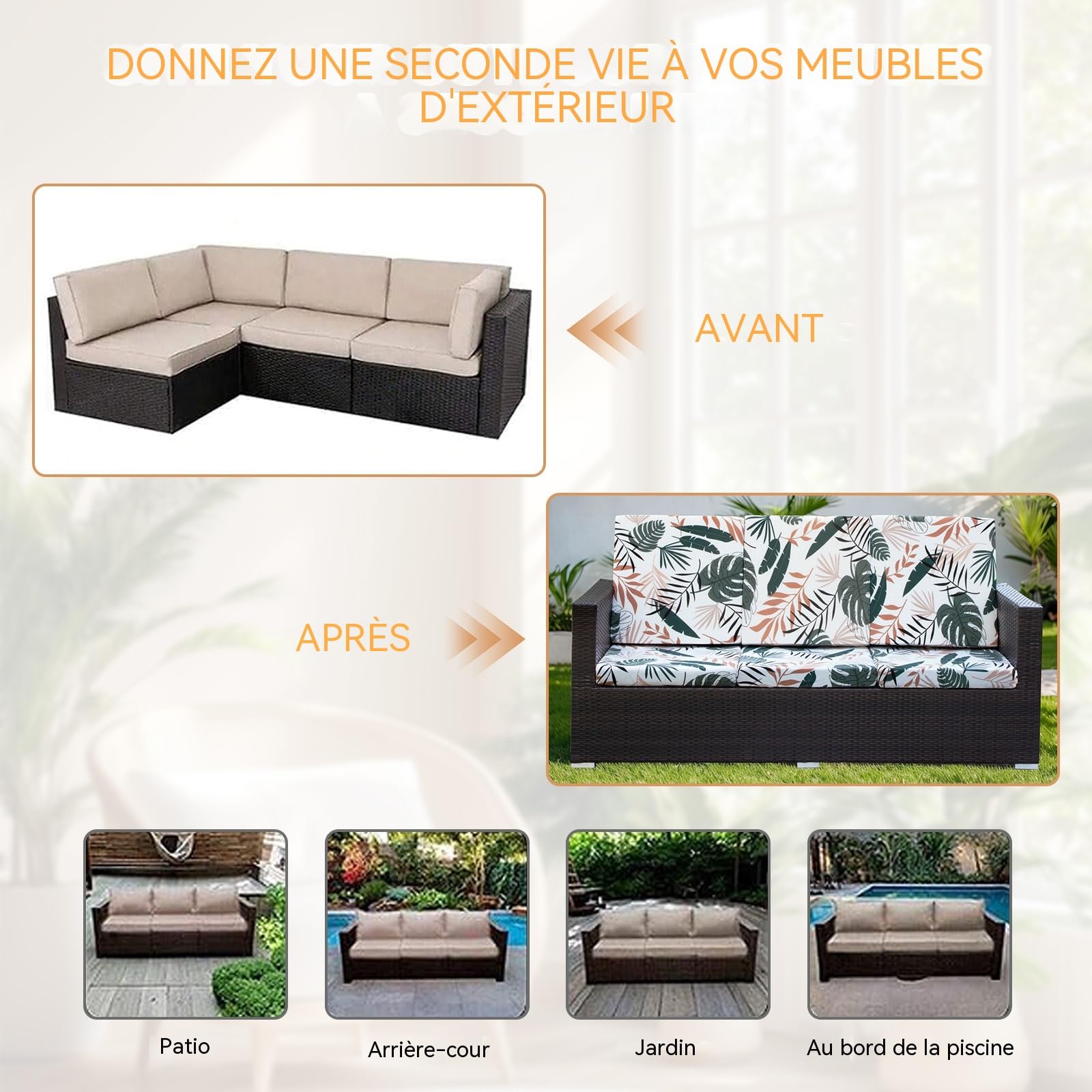LiveGo Housse de coussin extensible pour canapé de jardin - Housse de coussin de remplacement pour mobilier d’extérieur - Protège-canapés de chaise - Souple et flexible - (8, Coconut Grove)