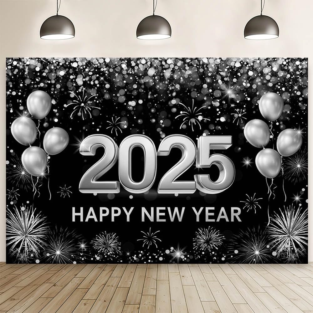 Amazon.com : MEHOFOND Black and Silver 2025 Happy New Year Backdrop ...