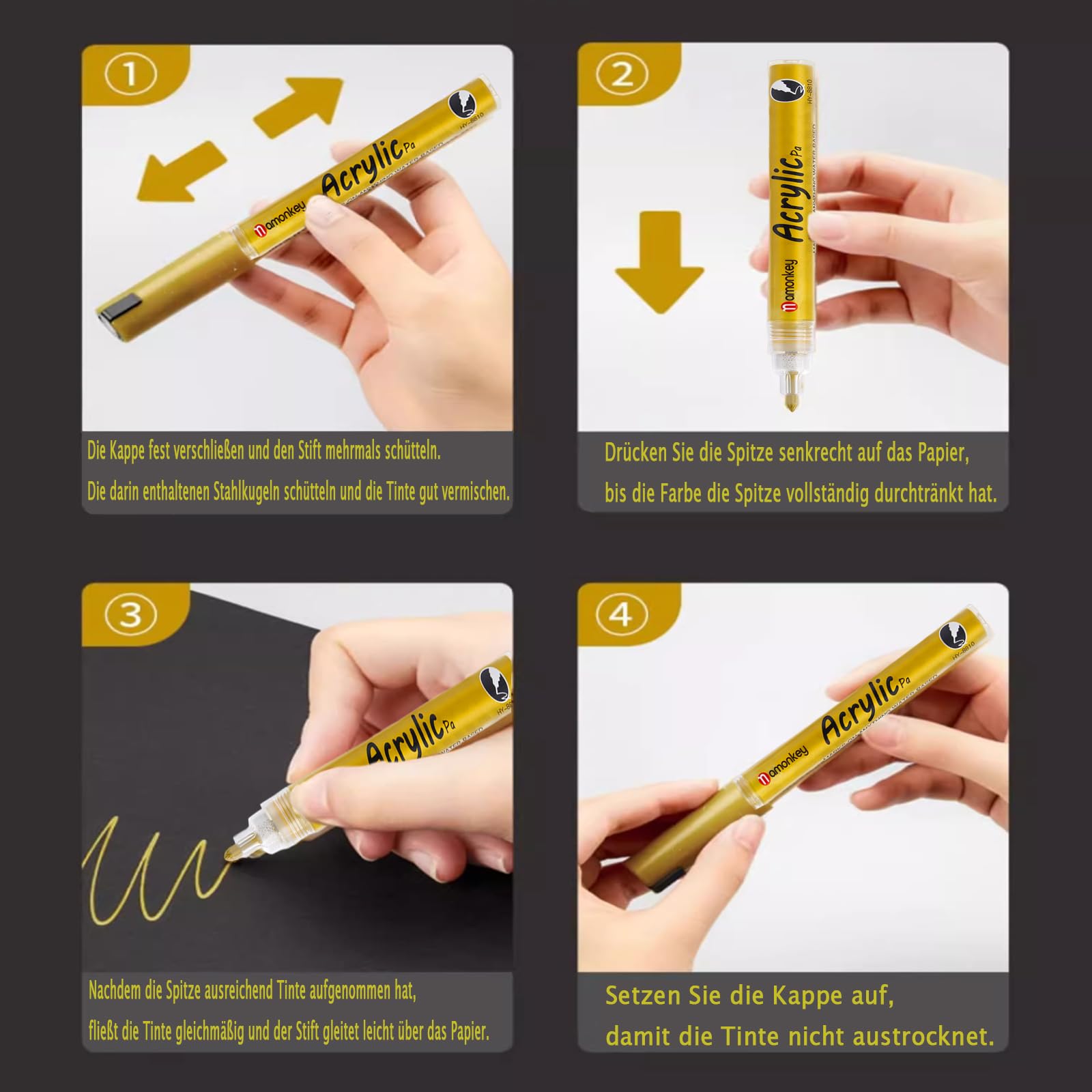 Nurila Acryl Stifte Set 4-tlg Gold - Deckende Goldstifte Für Steinmalerei & DIY Projekte