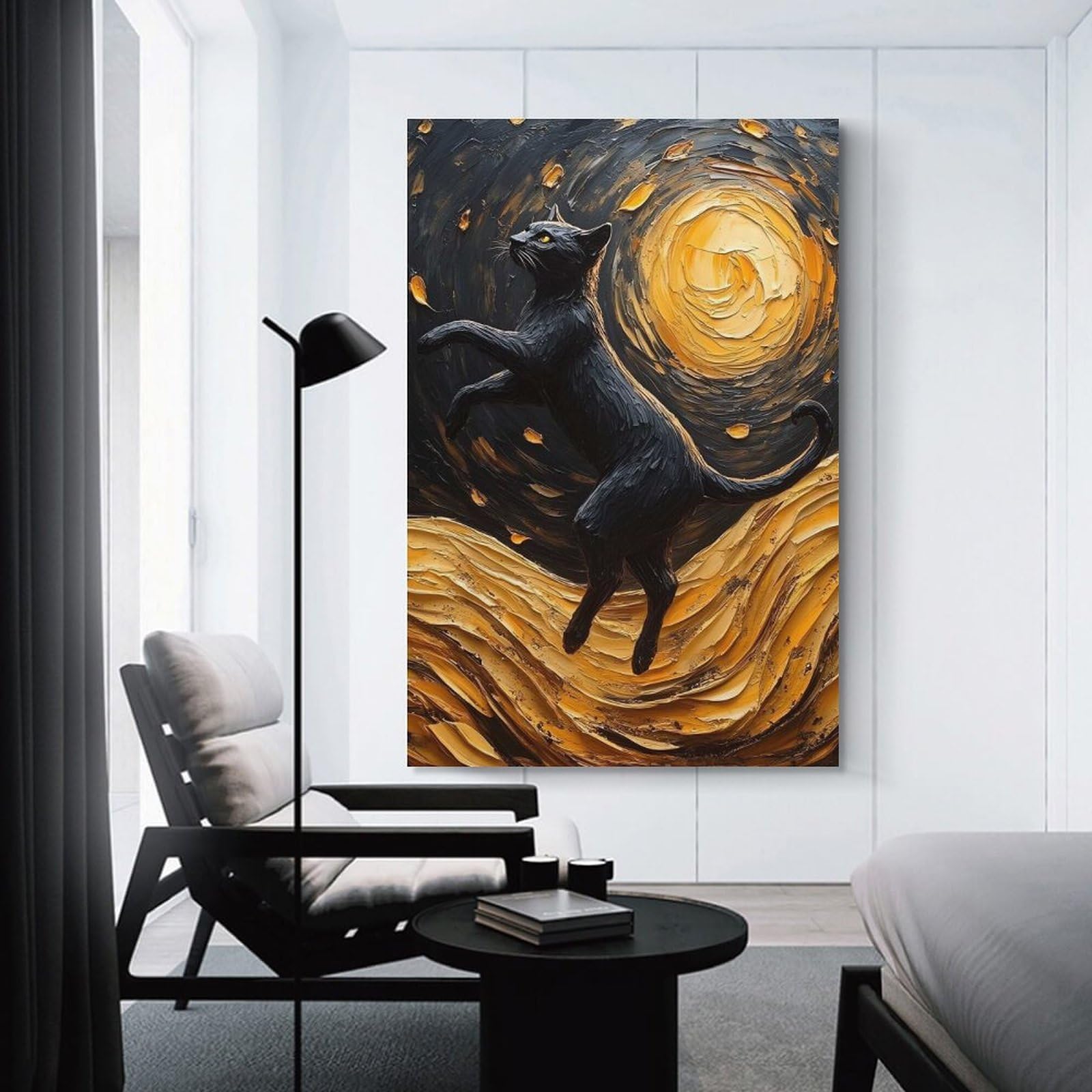 Junmoney Unframe-Style-9-1 Canvas Wall Picture Black Cat In Impasto Style, 24X36inch(60X90cm), For Hallway, Bedroom Or Modern Interiors, Home Decor Gift With Stylish Appeal