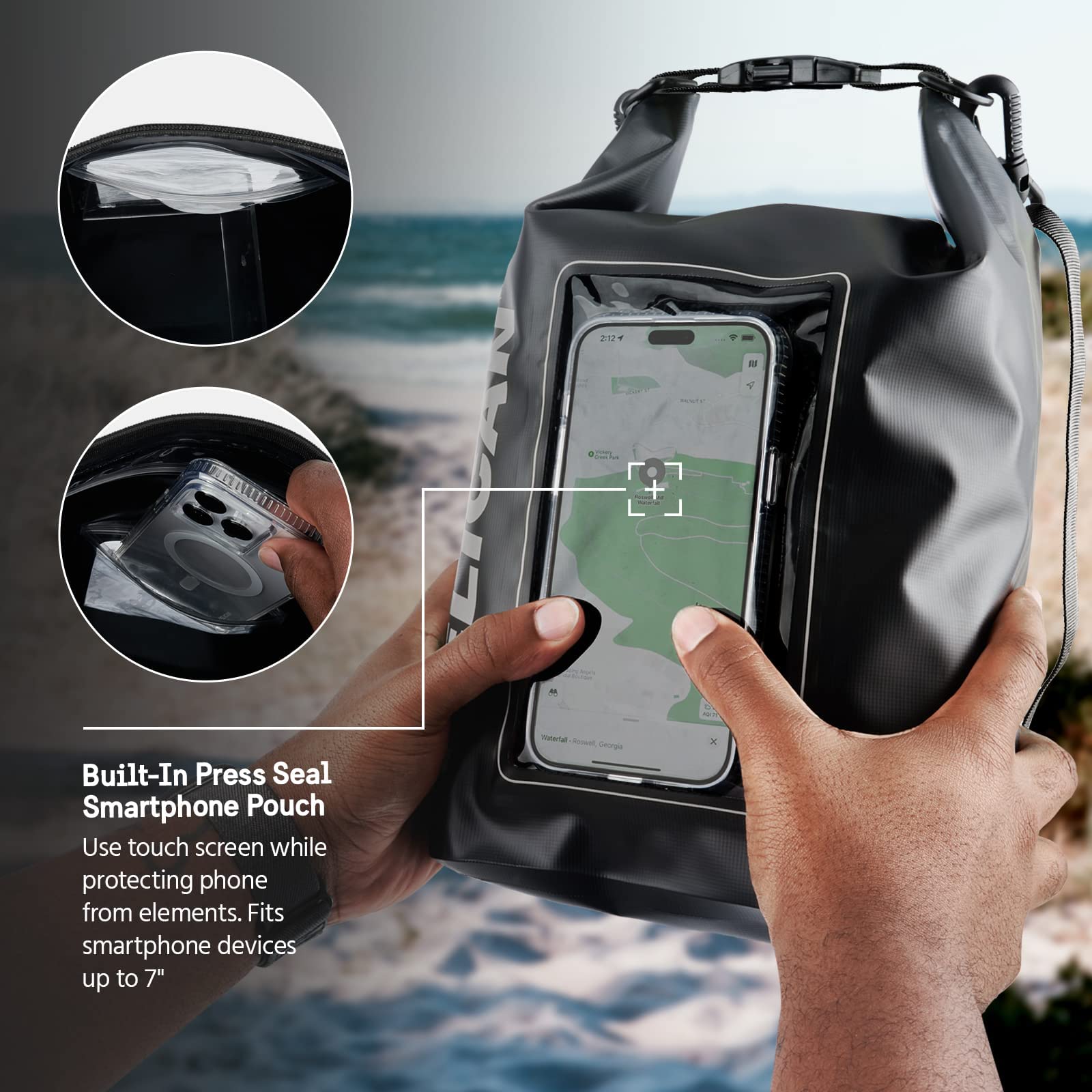 Pelican Marine IP68 Waterproof Dry Bag 5L, Roll Top Waterproof Backpack w/Phone Case/Pouch, Boating & Kayak Accessories - Image 4