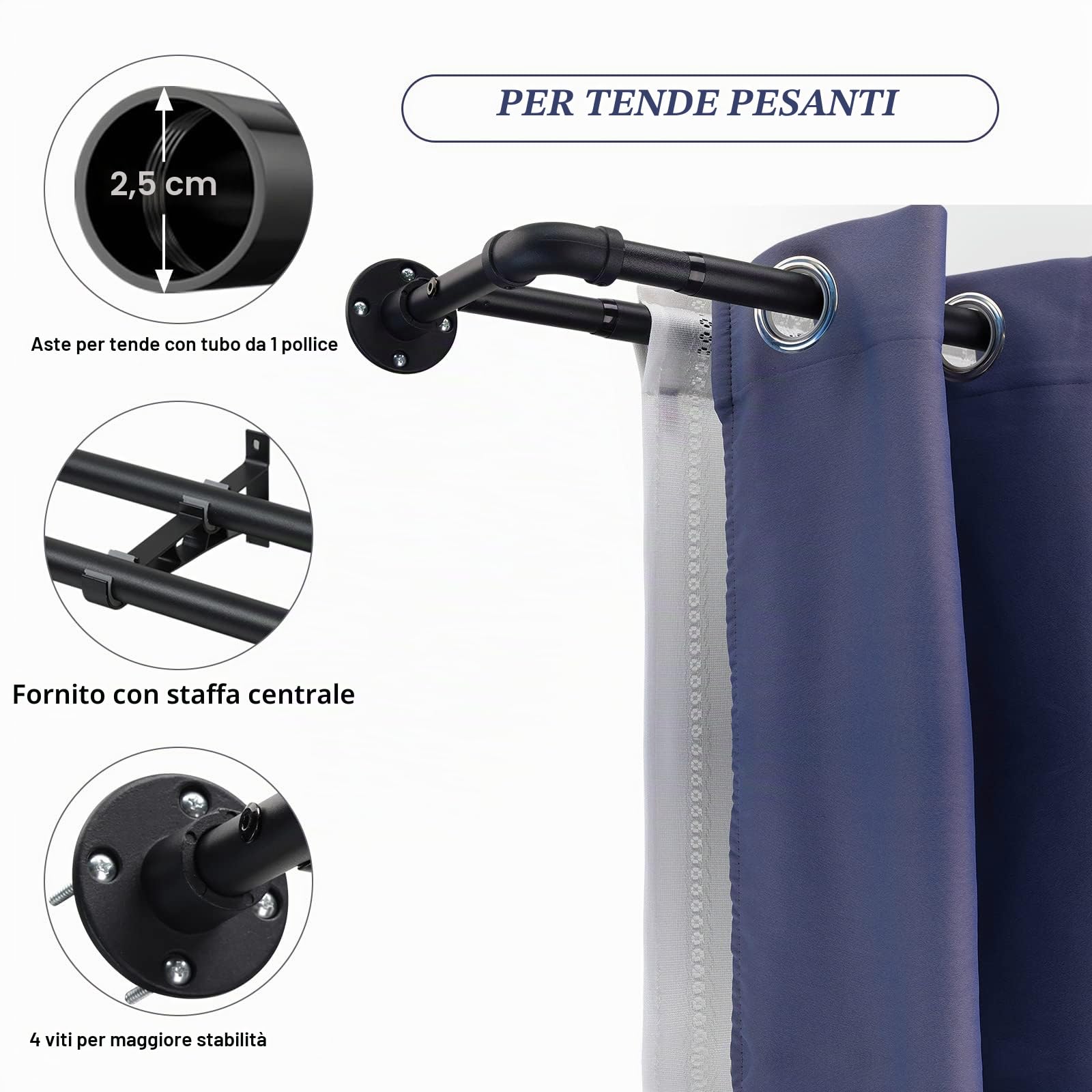 Bastone per tende doppio per finestre da 167 a 300-2,5 cm, resistente, doppio bastone per tenda oscurante, nero, regolabile per porta del patio, camera da letto, cucina