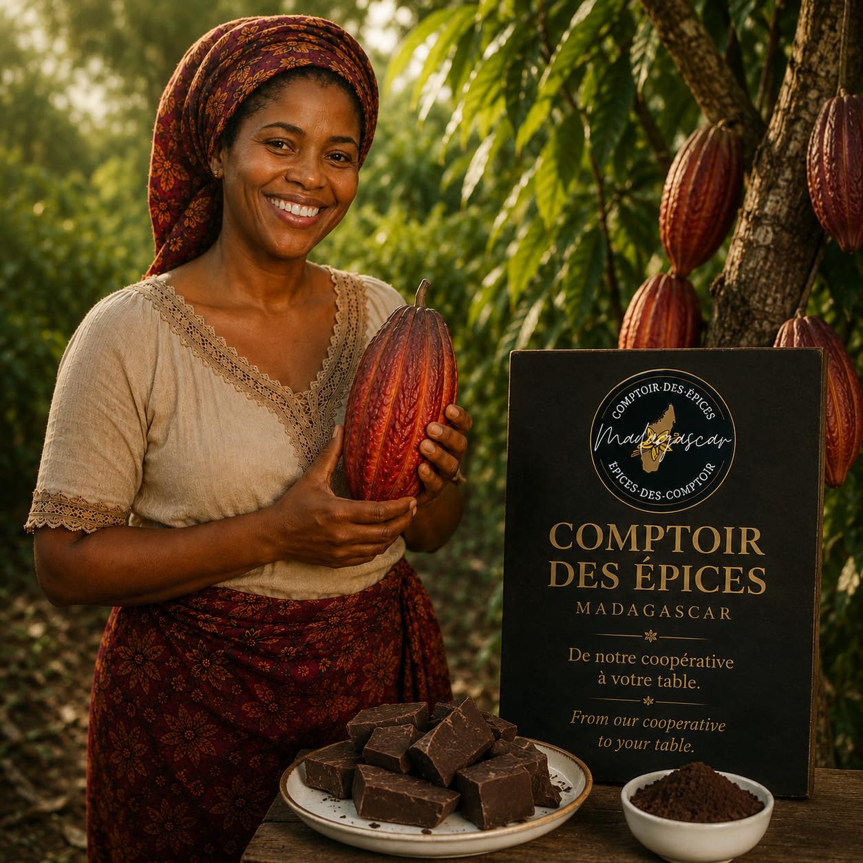 Masse de Cacao Cérémonial 500g – 100% Pur + Poudre Vanille Bourbon BIO 10g Offerte – Direct Producteur – Notre Coopérative – COMPTOIR DES EPICES MADAGASCAR