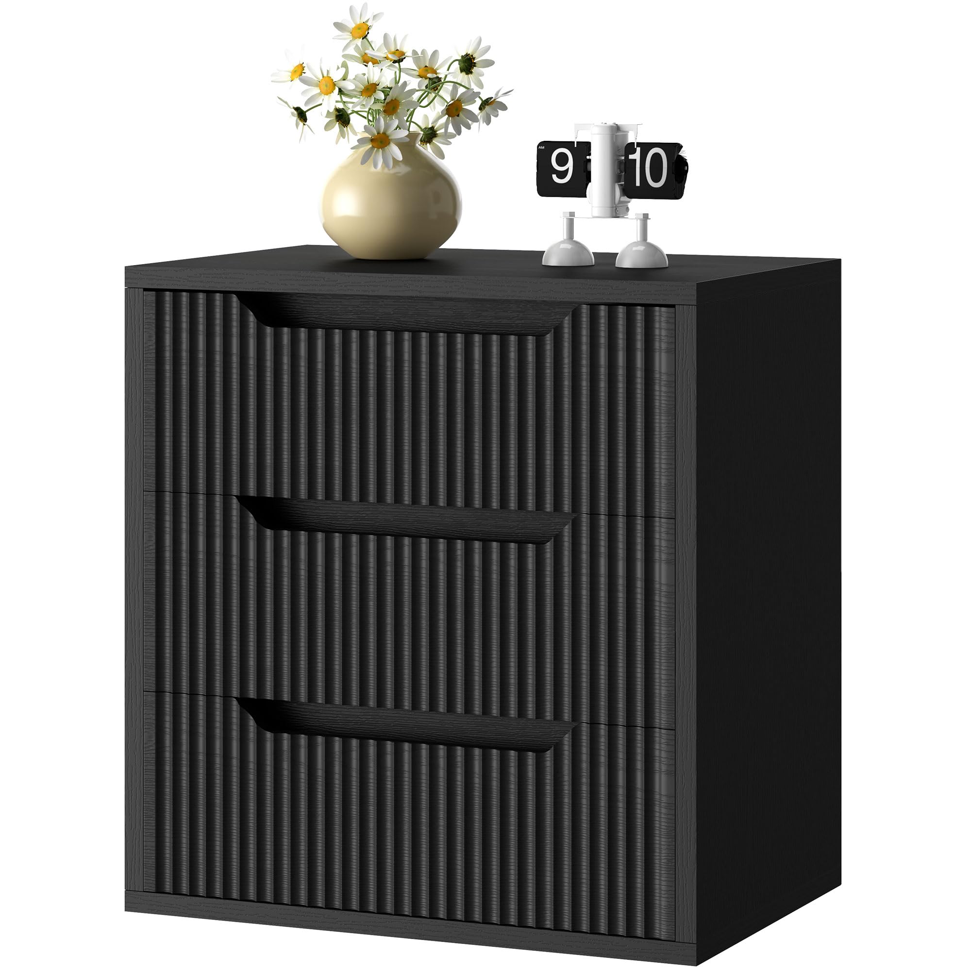 GUVIBAYB 3 Drawer Bedside Table, Fluted Wood, Integrated Handles, Black
