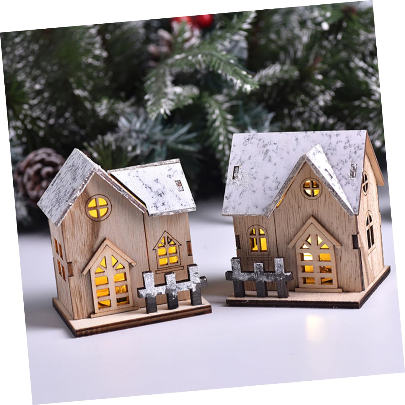 Decorazioni Natalizie in Legno a Forma Di Casa Luminosa 3 Pezzi, Ornamenti Artigianali Luce Led Per Decorazione Da Tavolo Festa Natale Soggiorno