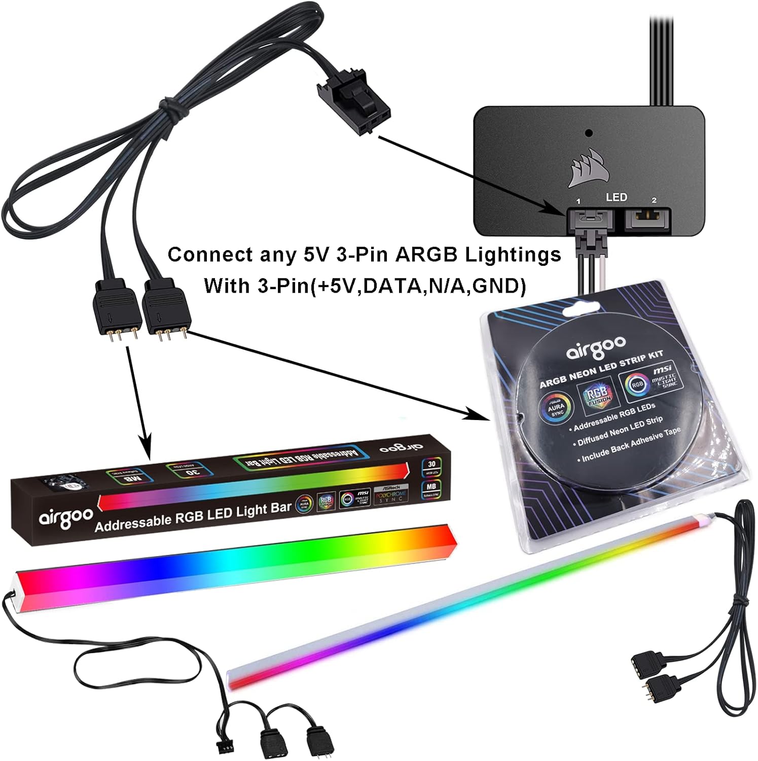 Lighting Node Pro Corsair Light Strip Airgoo 3pin Adapter Cable