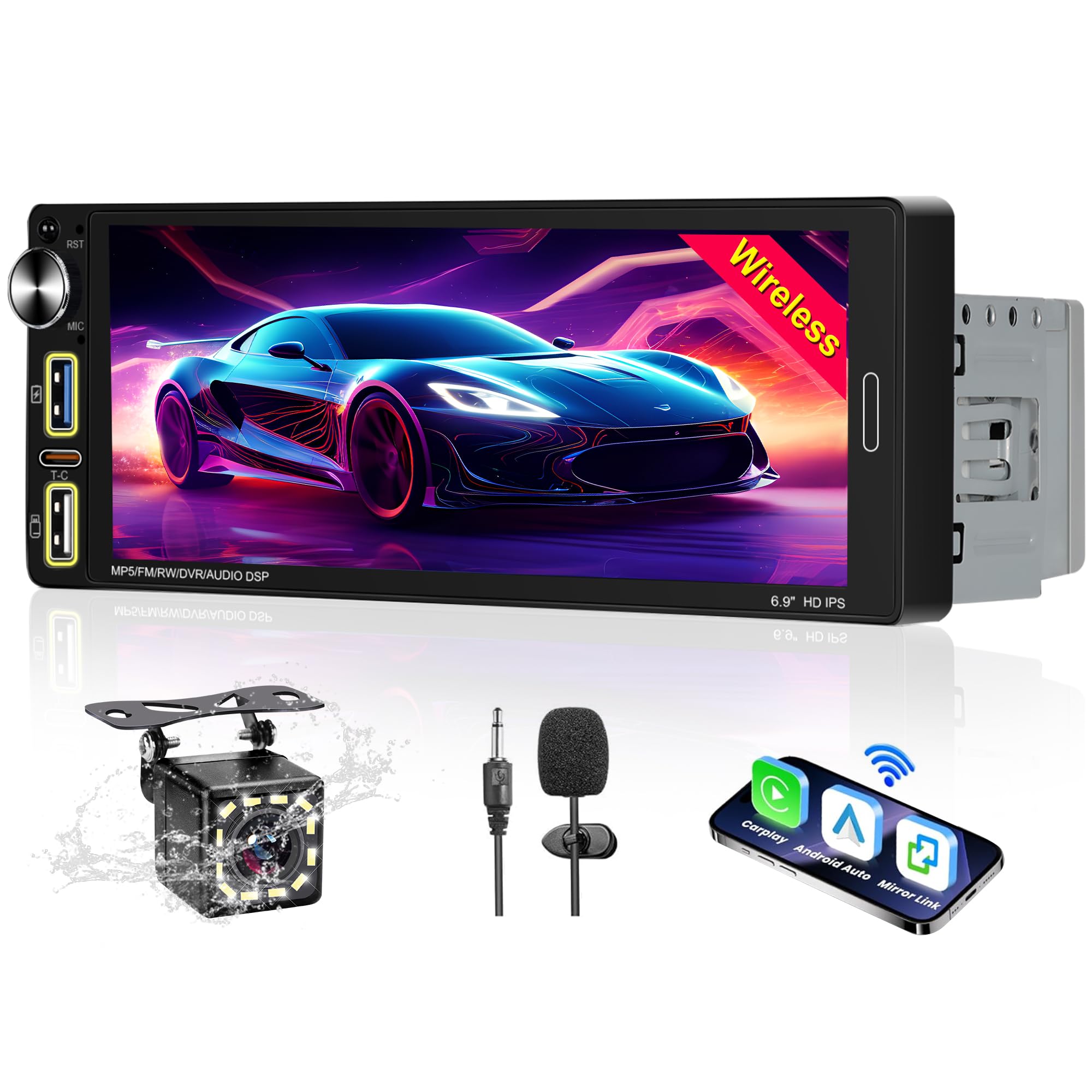 Radio Coche Bluetooth 1 DIN Compatible Apple CarPlay y Android Auto inalámbrico,Reproductor de Pantalla Coche táctil de 6,9’‘,FM/Am/Mirror Link/Tipo C/Bluetooth Manos Libres,cámara de visión Trasera
