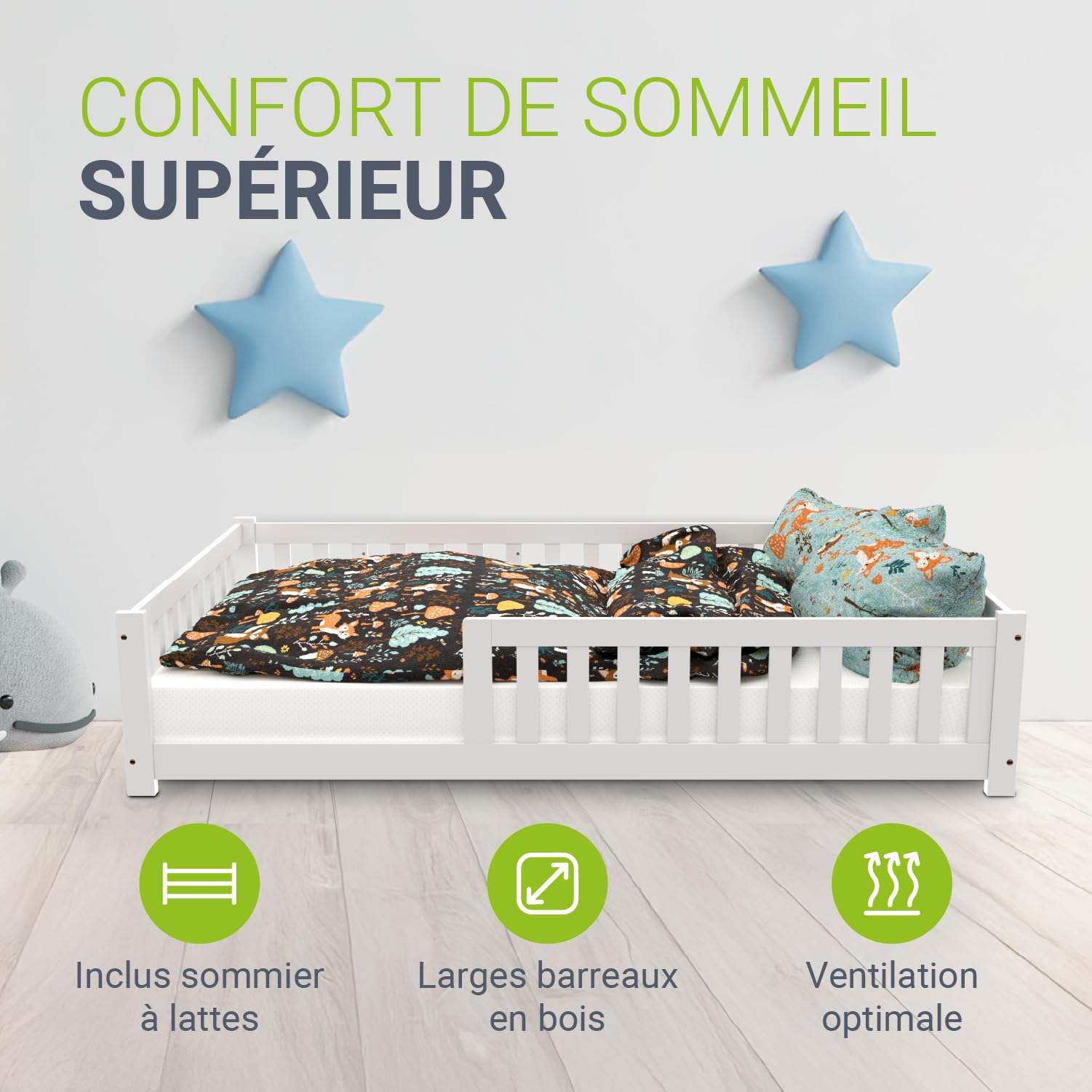 Juskys Lit au Sol Enfant Naya 120x200 cm avec Barrière de Sécurité et Sommier à Lattes, Lit à barreaux Montessori en Bois Massif Pin pour Enfants et Adolescent, Blanc
