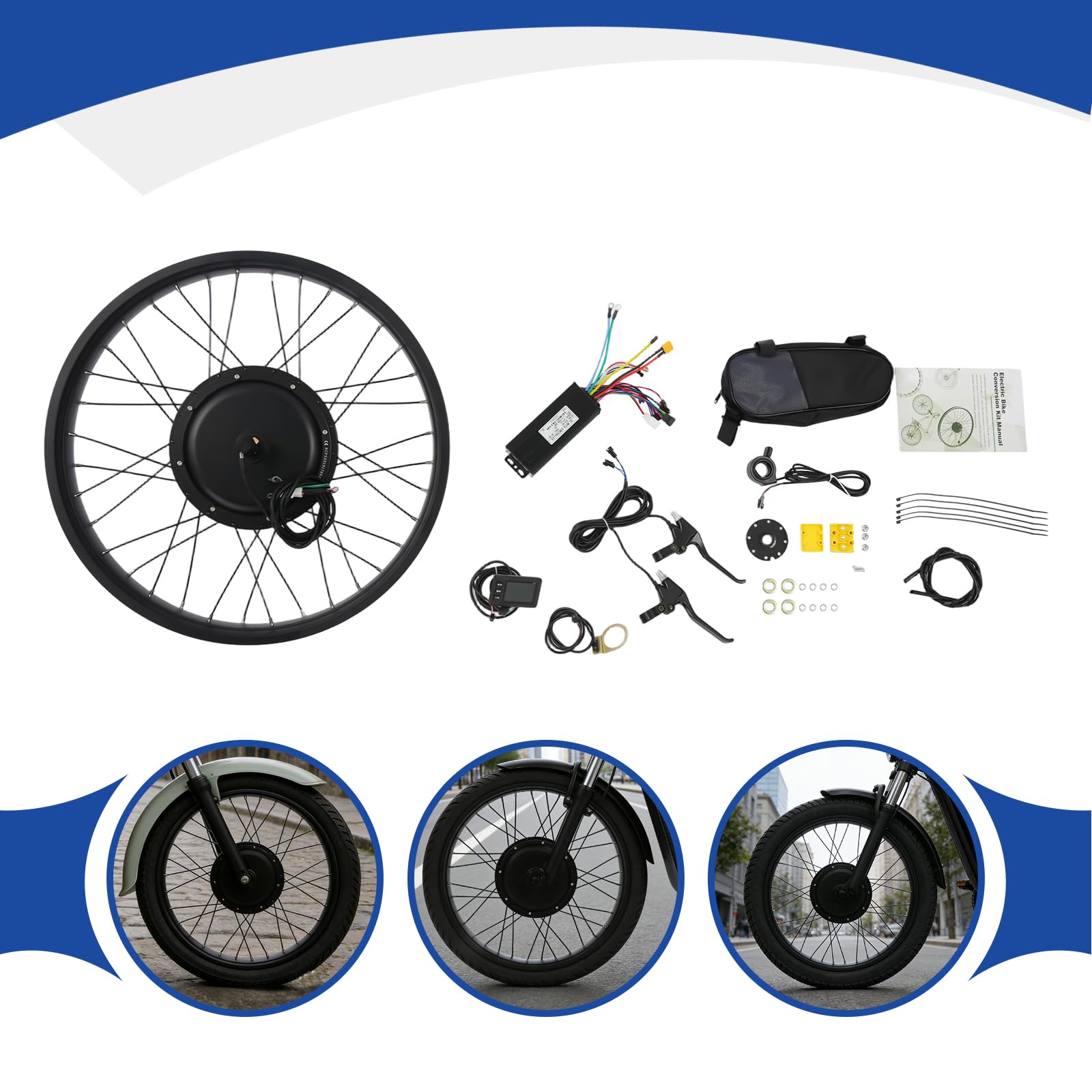 E-Bike Kit de conversion pour roue avant 26" 48 V 1000 W avec écran LCD | Moteur de moyeu de roue avant avec couple de 40 Nm, écran LCD et capteur PAS pour conversion de vélo