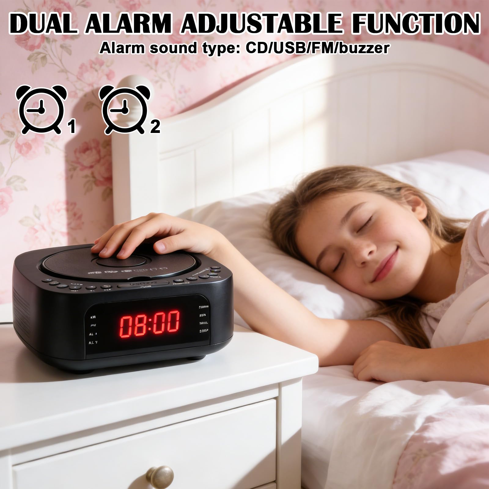 Lecteur CD portable avec Bluetooth, radio FM, lecteur CD MP3 avec double haut-parleur stéréo, réveil, SleepTimer, lecteur CD rechargeable, prend en charge USB/AUX, grand écran, télécommande, noir