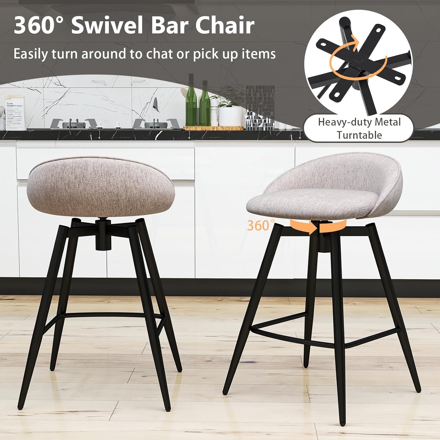 COSTWAY Bar Stools Set of 2, 25" Upholstered Counter Height 360° Swivel Bar Stools w/Backrest & Footrest, Heavy-Duty Metal Frame Armless Breakfast Chairs for Kitchen, Living Room (Set of 2,Grey)
