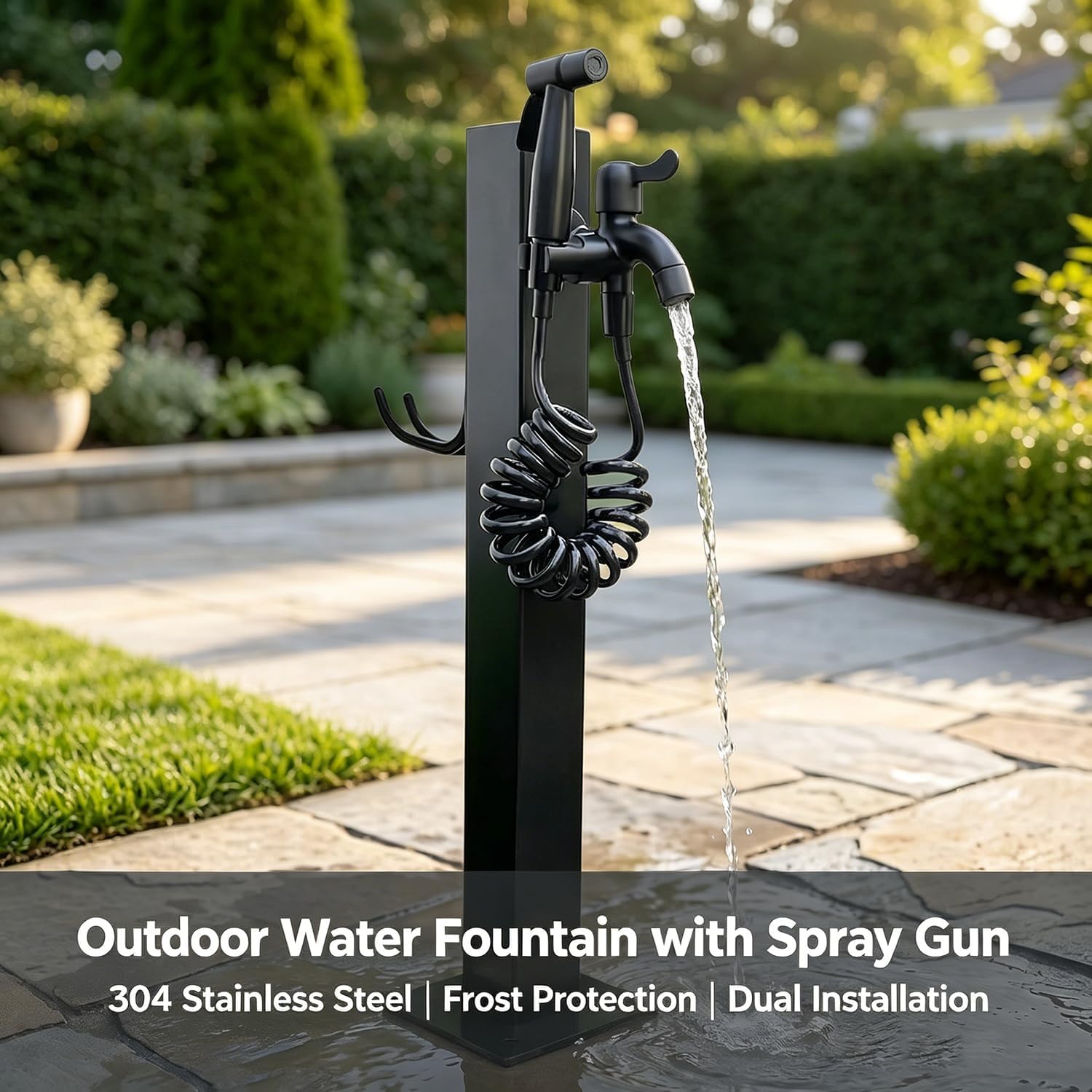 Columna De Agua para Jardín con Grifo, Grifo De Hidrante De Acero Inoxidable De 23,62" con Dos Boquillas, Poste De Agua Anticongelante Independiente, para Lavar Mascotas/automóviles E