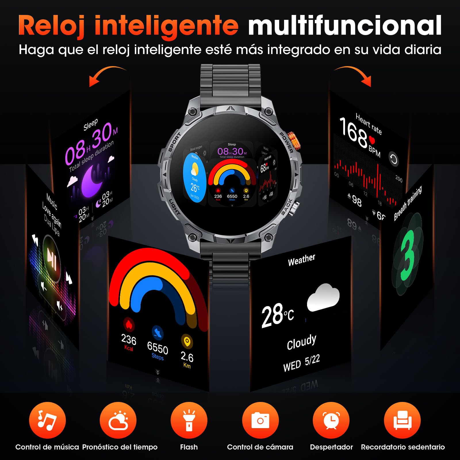 Reloj Inteligente Hombree Militares,1000 mAh Smartwatch, Dos Correas, Pantalla HD 1,75", Linterna LED, 100＋Modos Deportivos, Salud Monitorizada, Llamadas Bluetooth para iOS Android (Negro)
