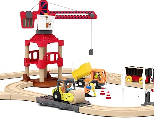 Miniatura 2 de Crossing & Crane Train Set de 58 piezas de construcción de pista de tren de madera para regalo, kits de ferrocarril de juguete para niños pequeños y