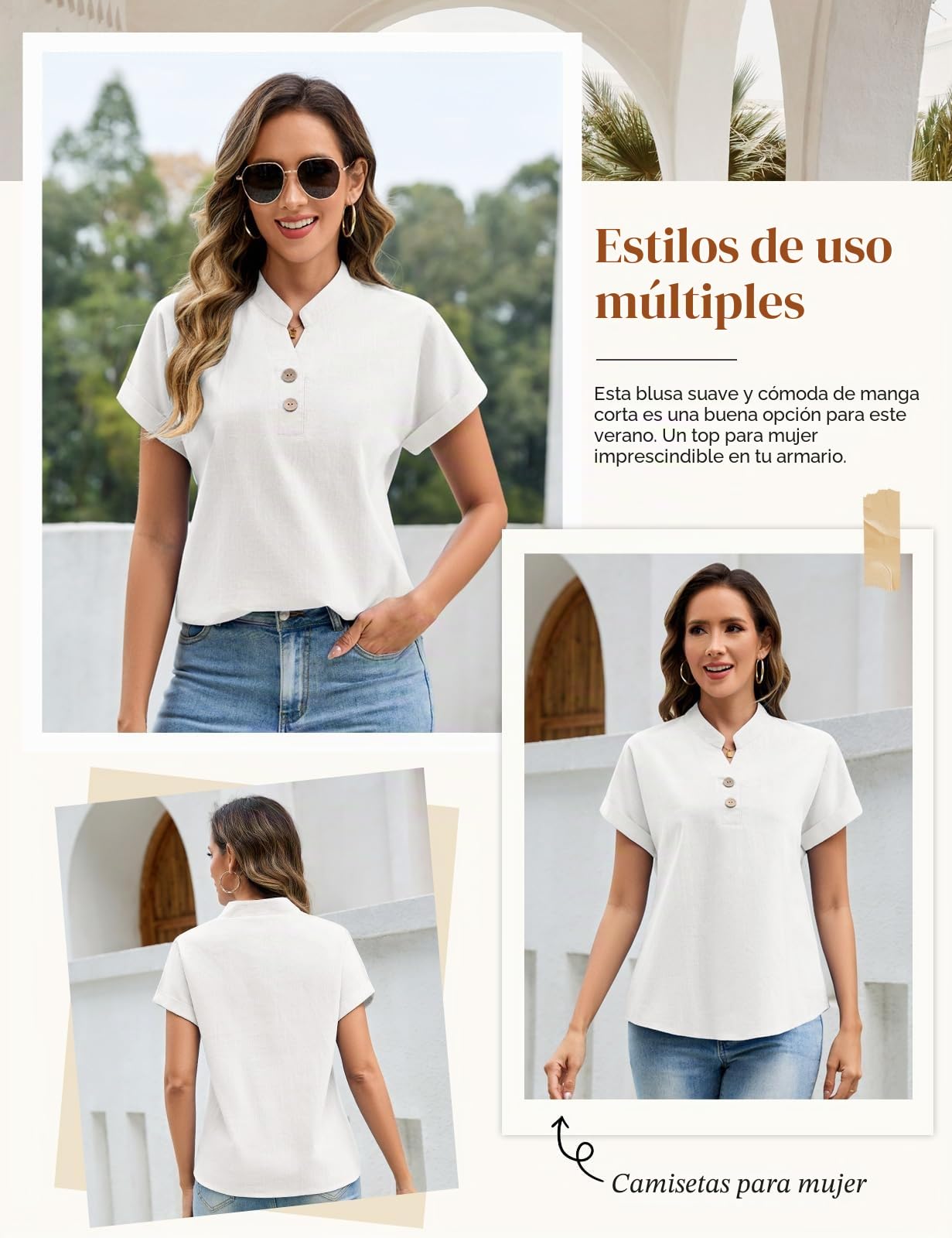 UMIPUBO Blusas Mujer Verano Manga Corta Cuello en V Camisas con Botón Elegante Camisetas Suelta Blusones Casual Básica Camisa Moda T Shirts Tunic Tops