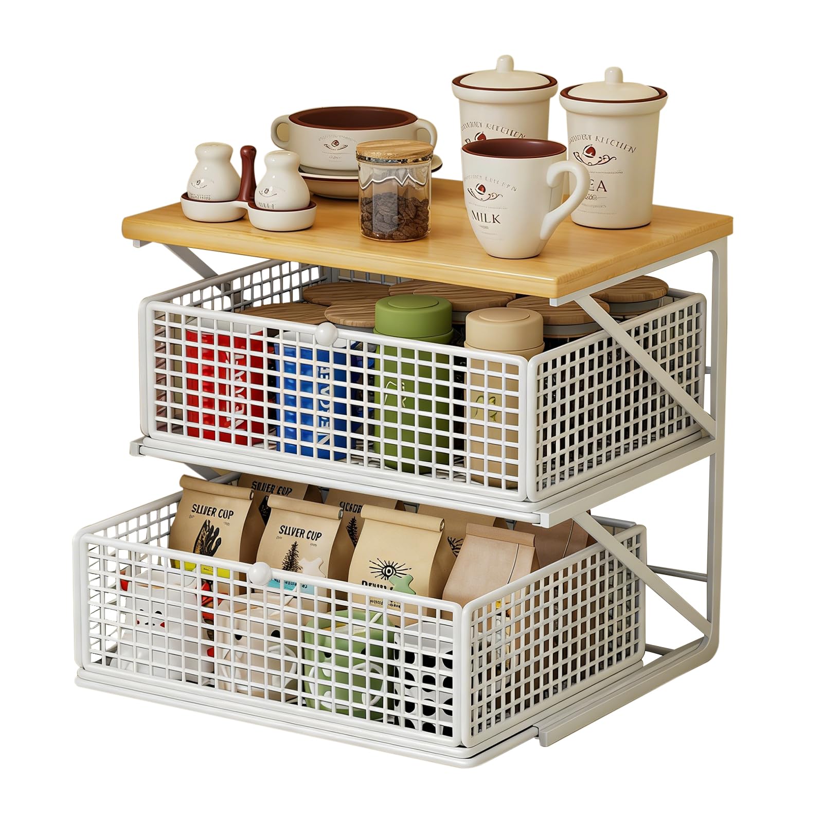 Metall Küchenorganizer Arbeitsplatte, Ausziehbare Schubladen, Multifunktionaler Tisch-Aufbewahrungsregal für Snacks, Teebeutel, Kaffeemaschine, Platzsparender Organizer (Weiß+Naturholzfarbe)
