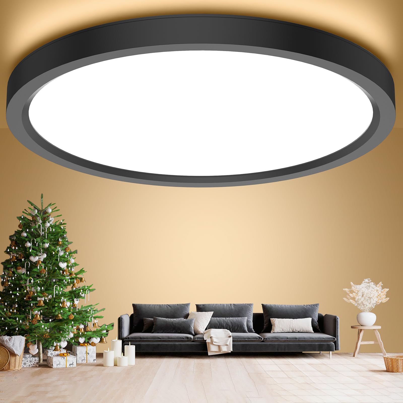 kazazoo Deckenlampe LED Deckenleuchte 18W, 4000K, IP44 Wasserfest Badezimmer Lampe, Ultra Dünn Ø23cm LED Panel, Schwarz Rund Flurlampe Ideal für Bad/Flur/Schlafzimmer/Keller