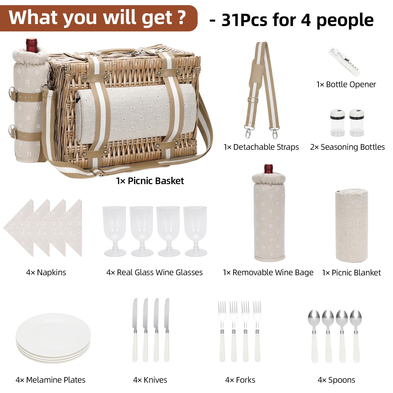 G GOOD GAIN Picknickkorb für 4 Personen – Weiden-Picknick-Set mit wasserdichter Decke und Weintasche, großer Picknickkorb mit isoliertem Kühler und Besteck-Set für Paare, Camping, weiße Blume, 40,6 x