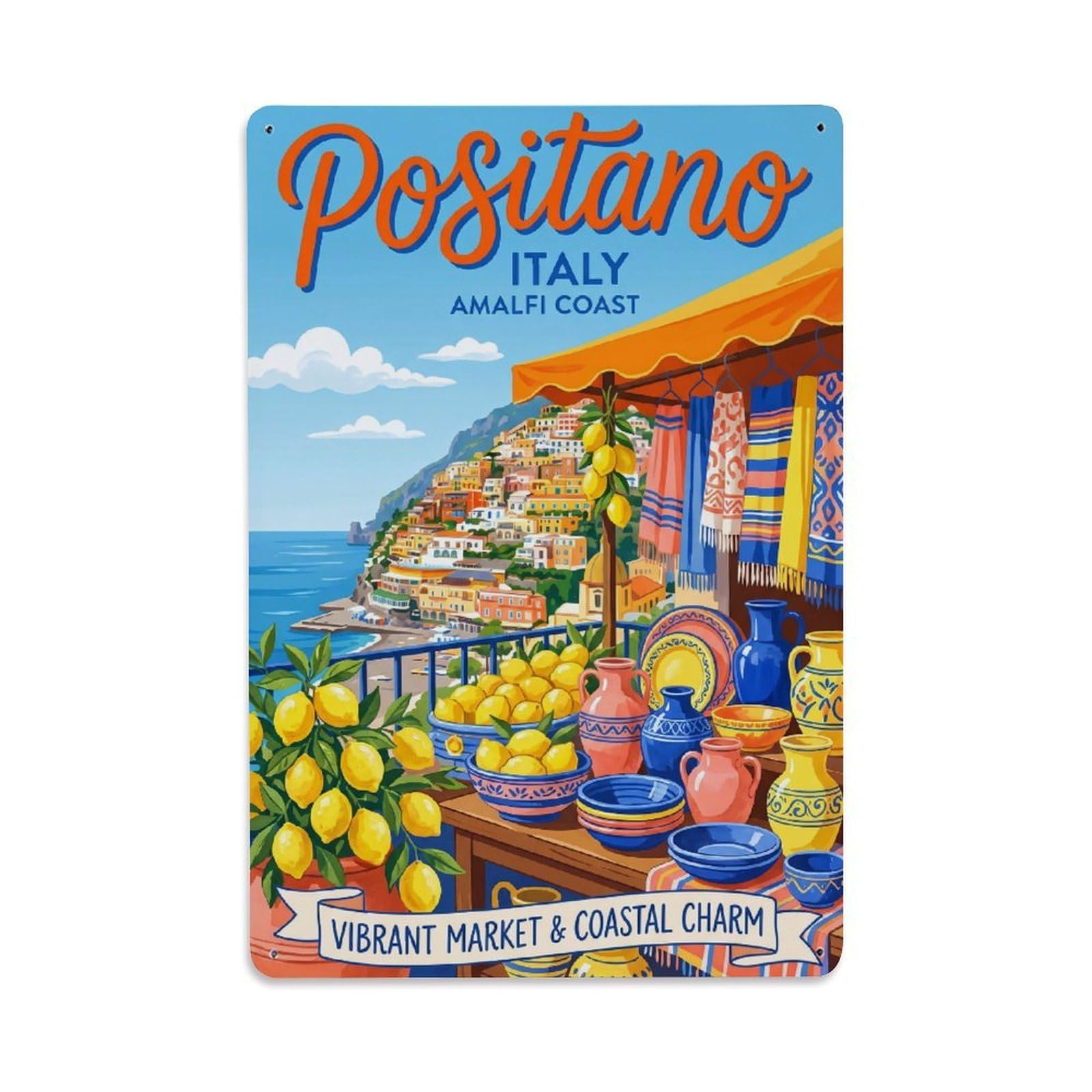 Vintage Travel Positano Italy Vibrant Metal Tin Sign Plaque Wall Decor for Cafe, Club Bar, Office, Garden Metal Poster 8x12Inch