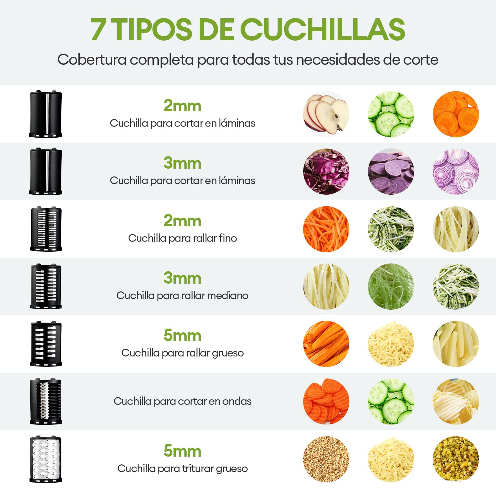 Rallador de queso eléctrico con 7 cuchillas de acero inoxidable para cortar rallador y triturar verduras frutas y nueces con un solo toque