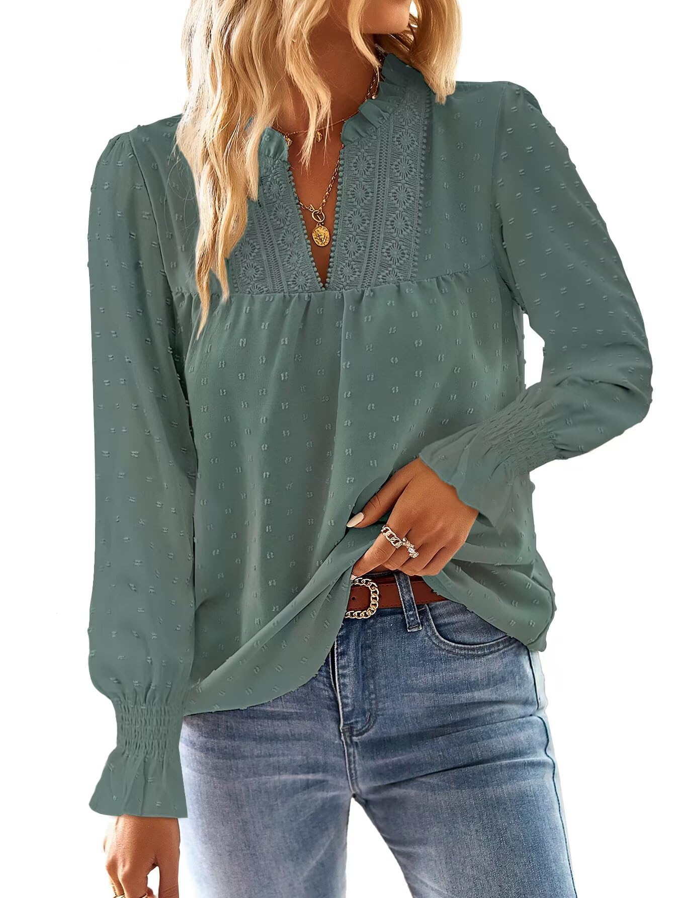Falechay Boho Tops for Women V Neck Blouses Flowy Swiss Dot Dressy Casual Lace Womens Long Sleeve Shirts Trendy 2026