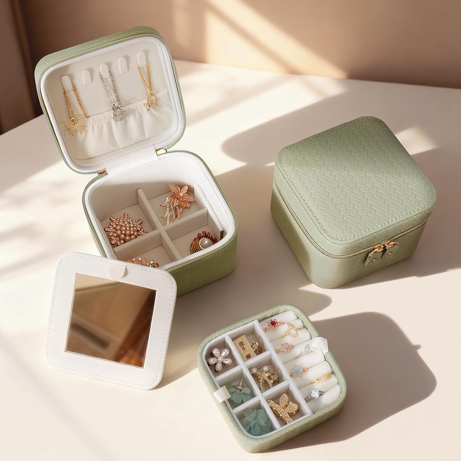 DesignSter Travel Jewelry Case for Woman, Small Travel Jewelry Box with Mirror,4.72×4.72×3.54 inches,Portable Design Travel Jewelry Organizer,Double Headed Zipper - Image 6