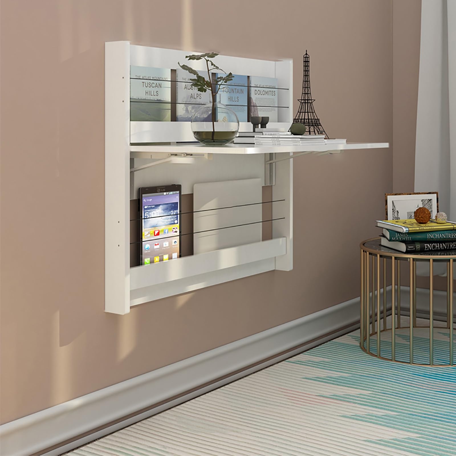 BAYTEWJX Wall Mounted Folding Table Wooden Wall-Mounted Drop-Leaf Table Folding Kitchen Table With Storage Rack Foldable Hanging Workbench Easy To Assemble For Kitchen Offices Restaurant Study.