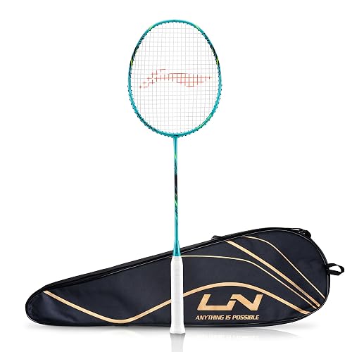 Li-Ning Axforce Tiger Strung Badminton Racquet for Professional Players |4U| 32 LBS Max Tension | Head Heavy | 7mm Flexible Shaft | Carbon Fibre Frame (Cyan/Black)