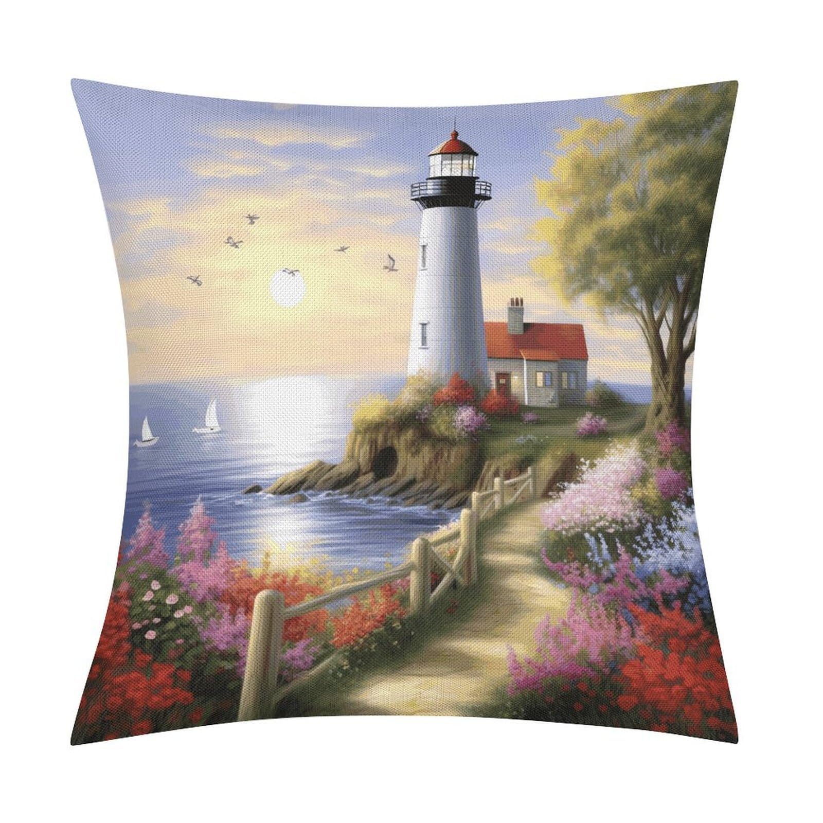 LZQPOEAS Lighthouse Diamond Painting Throw Pillow Covers, Waterproof Faux Linen Pillow Cases with Invisible Zipper, Decorative Square Cushion Covers for Sofa Couch Living Room Bedroom 18x18 Inch