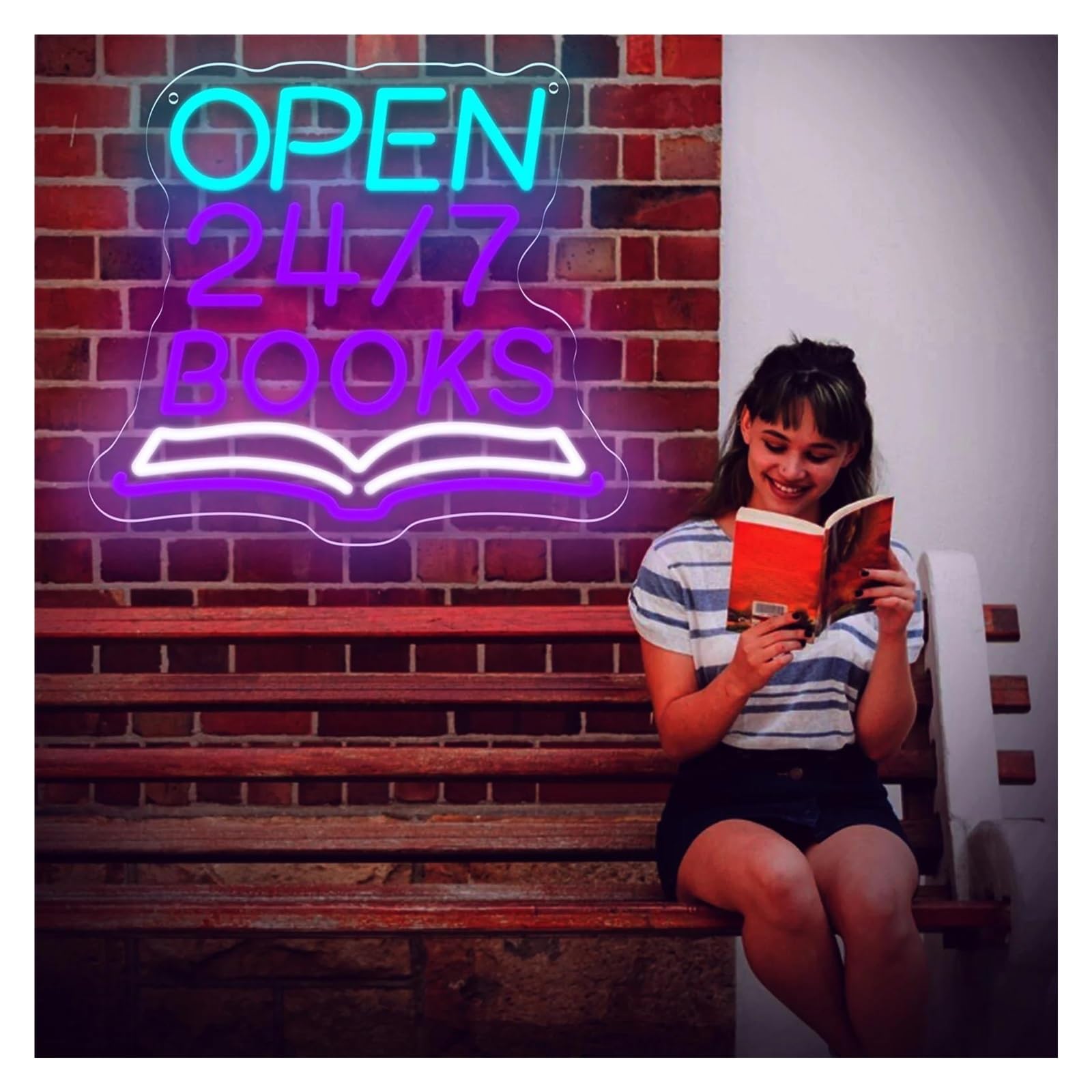 Luci al Neon Da Parete Insegna Al Neon Dimmerabile Open 24/7 Books Angolo Lettura Per Libreria, Biblioteca, Arredamento Per Caffè, Per Amanti Dei Libri, 35.5x31.8cm