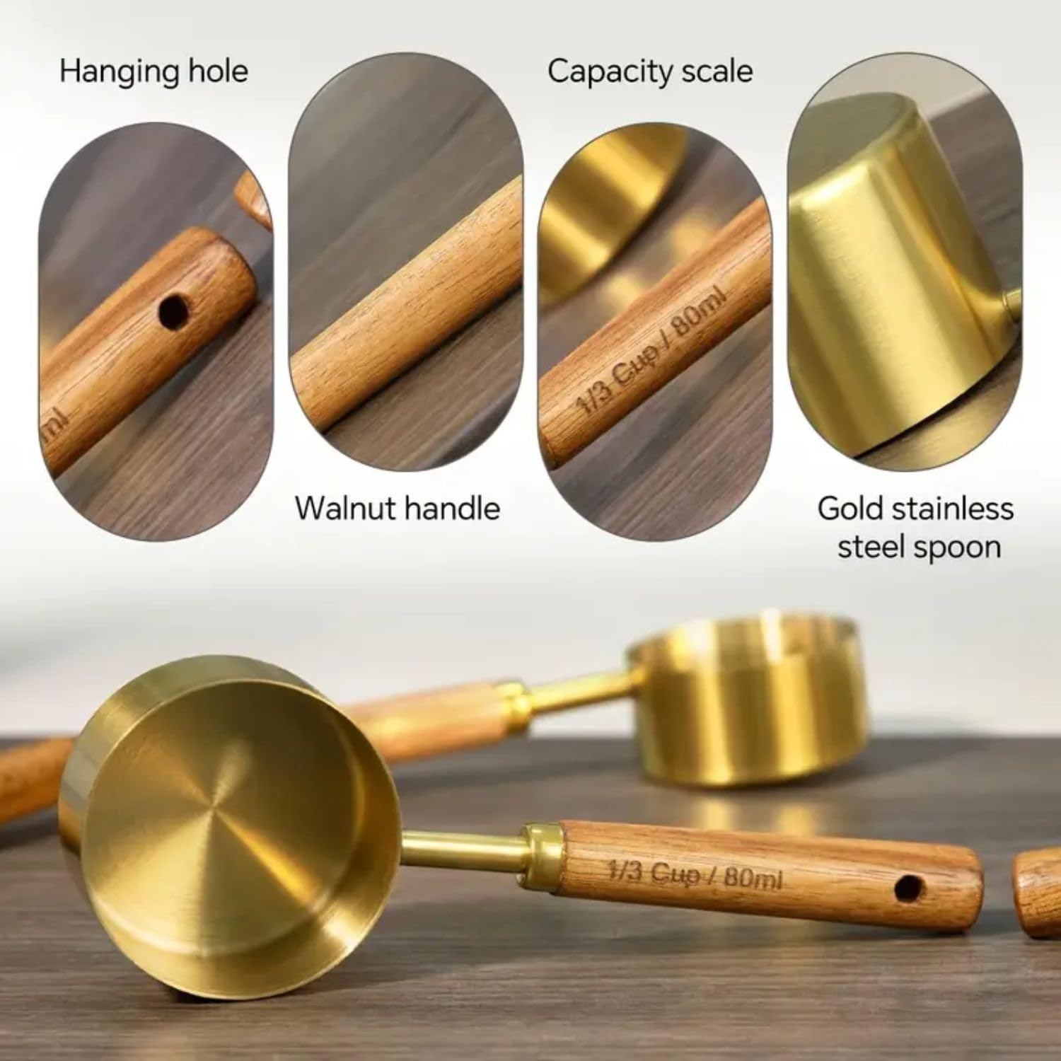 Royalkart Measuring Cups and Spoons with Wood Handle Set of 8, Stainless Steel, Golden Polished Finish, Baking Tools, Dry & Liquid Measuring Cup for Cooking 2