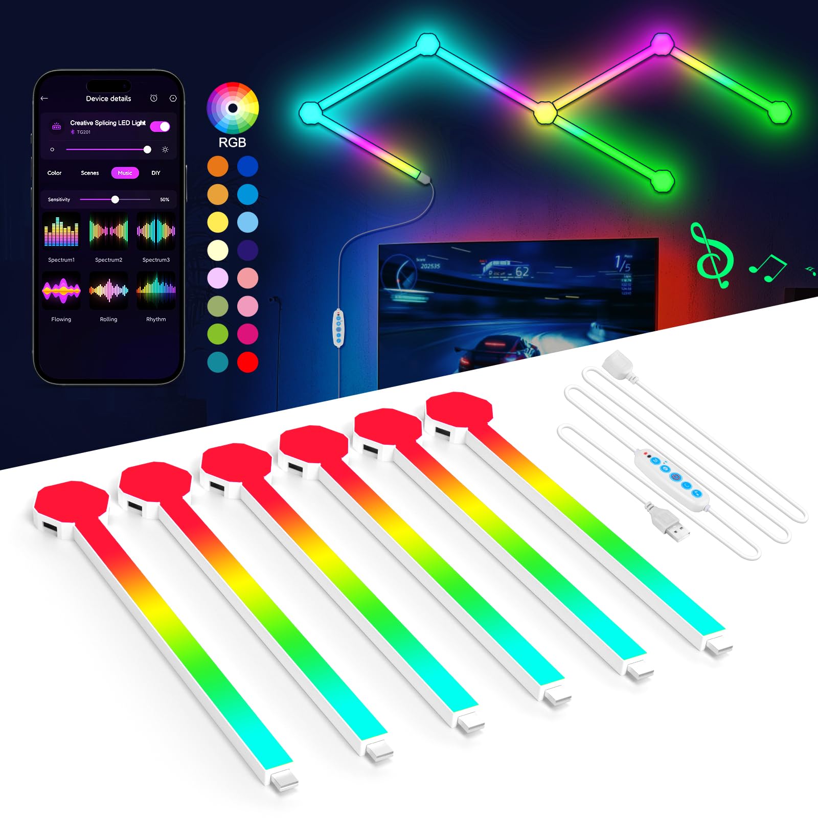JIMIMORO 6 Pack Smart Wall Light Lines - Smart Home Decor Creative DIY RGB Lines with Music Sync APP & Remote Control Gaming Lights for Living Room, Indoor Decor, Gaming Decor