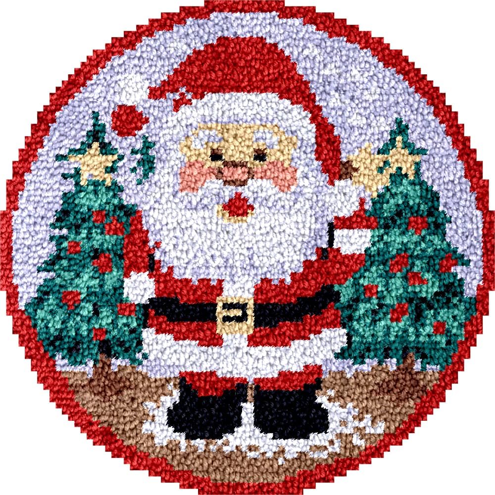 Latch Hook Kits Rug Christmas Santa Crochet Yarn Pre-Printed Round Shape Cushion Embroidery Needlework Carpet Cover Hook and Latch Kit Tapestry Christmas Home Decoration 50x50cm