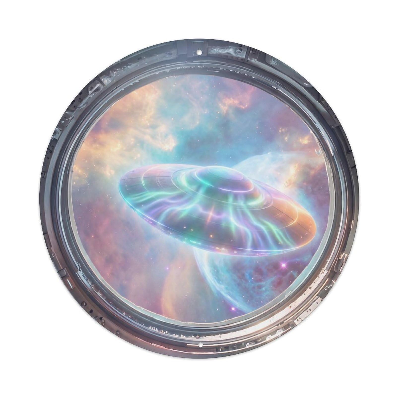 Metal Tin Sign Glowing Saucer from Space Station Porthole