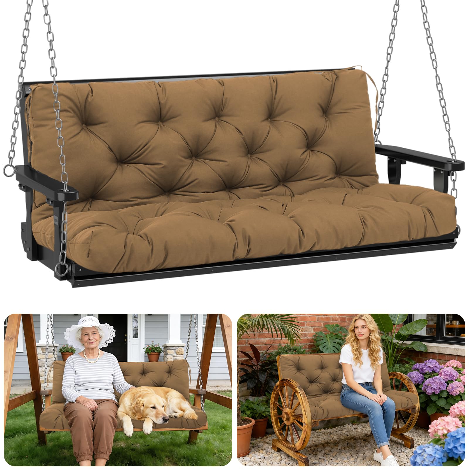 Porch Swing Cushions Outdoor 48 inch x 40 Waterproof Swing Cushions 3 Seater Replacement with Backrest &amp; 8 Ties 5" Thick Bench Swing Cushions for Outdoor Furniture Patio(Brown)