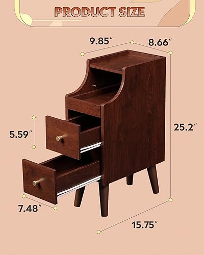 Miniatura 2 de WLIVE Mesita de noche pequeña con cajones, mesitas de noche estrechas con estante abierto y orificio para cable, mesita de noche estrecha para