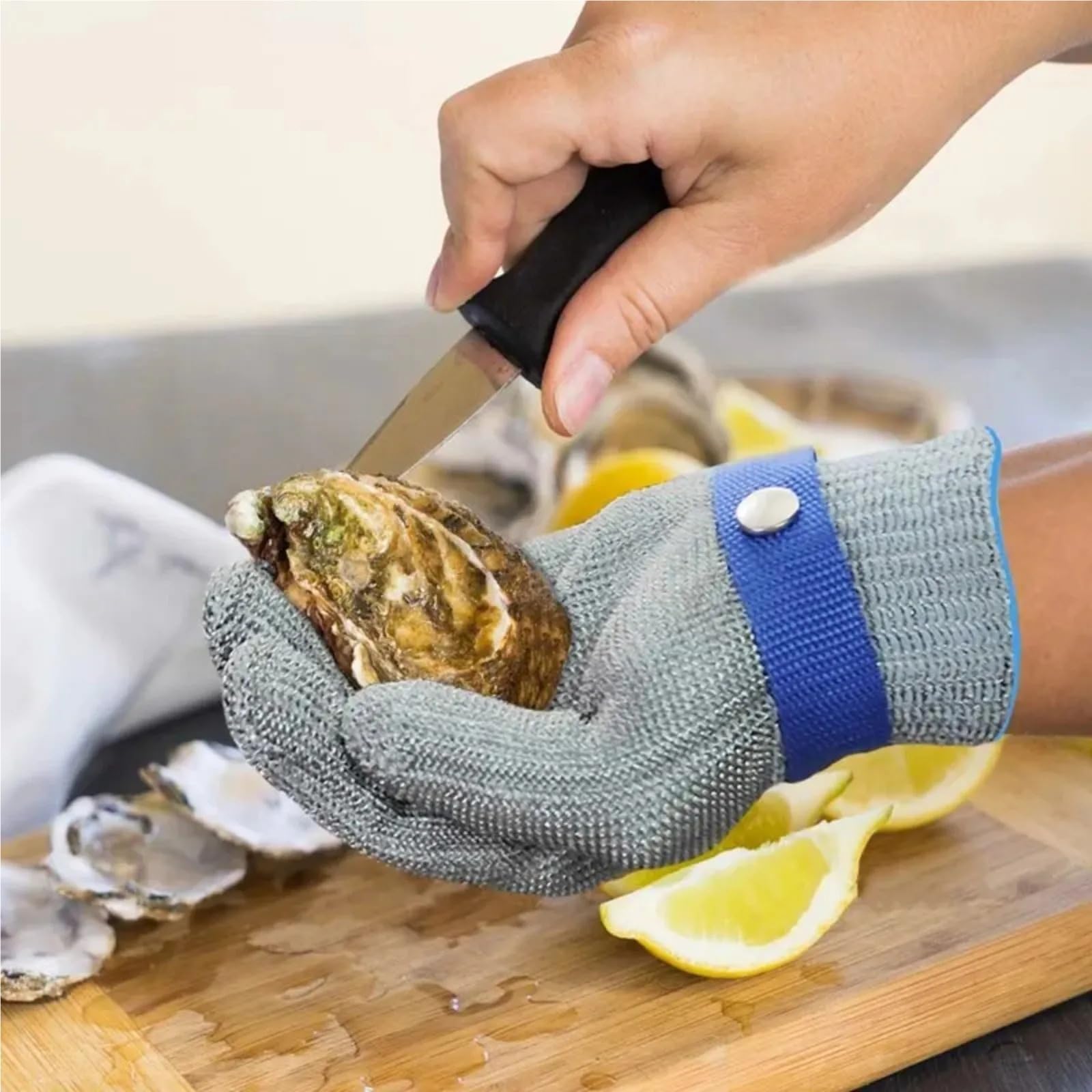 Genérico Guantes anticorte de nivel 5 - Guantes de seguridad for carniceros, de punto de acero inoxidable y con correa ajustable, ideales for uso en cocina e industria.(1 pcs,L)