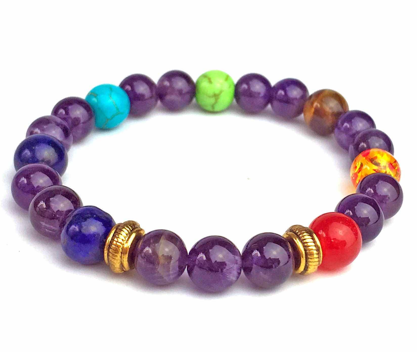 Amethyst with 7 Chakras Gemstone Bracelet Crystal Reiki Healing Balancing Round Energy Beads
