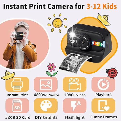 Miniatura 2 de Cámara de impresión instantánea para niños con papel de impresión de 5 colores, foto de 48MP, video 1080P, 21 marcos divertidos, tarjeta de 32GB,