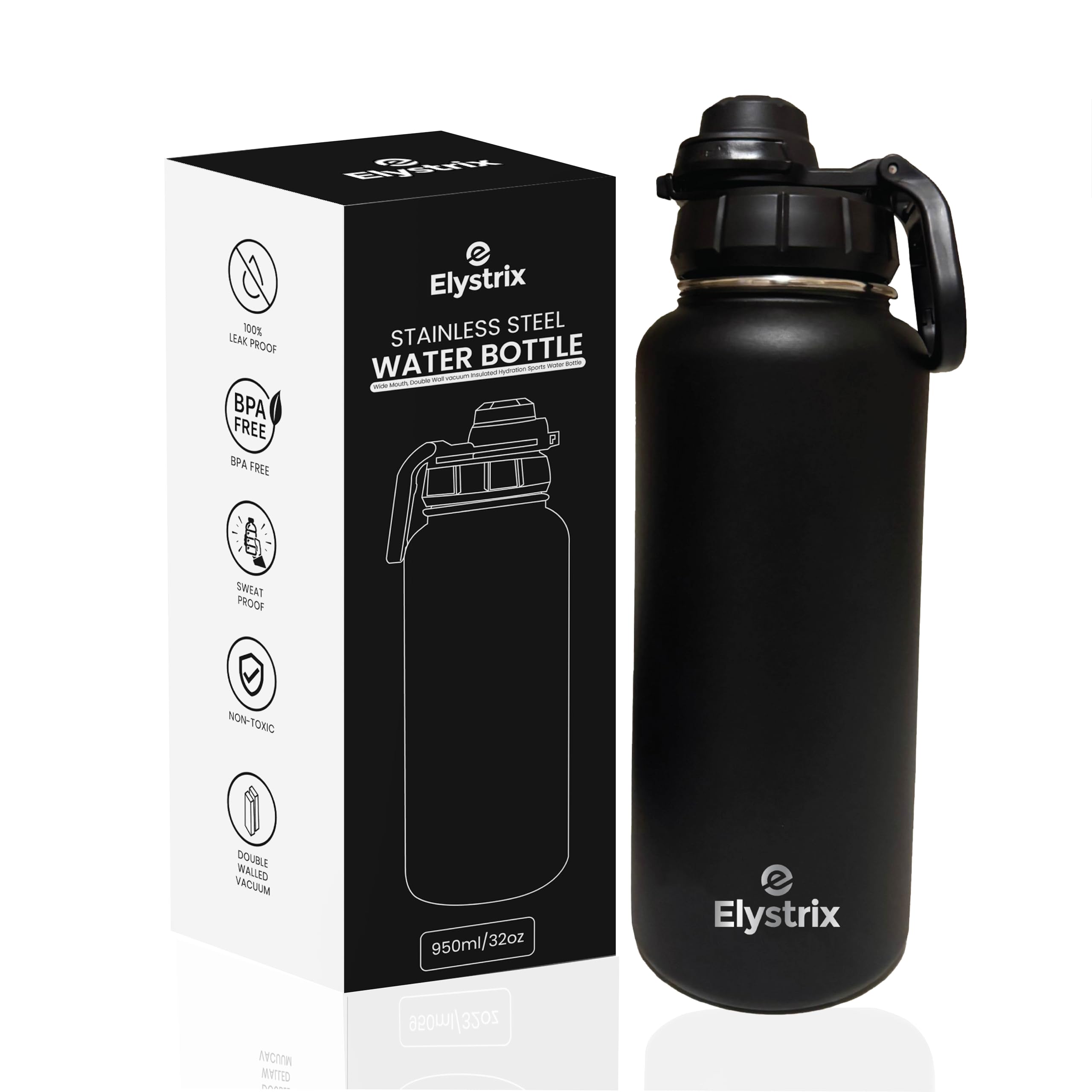 Elystrix Stainless Steel Water Bottle, Vacuum Insulated, 950ml/32oz, Black - BPA Free, Leakproof, Keeps Drinks Hot 12hrs & Cold 24hrs