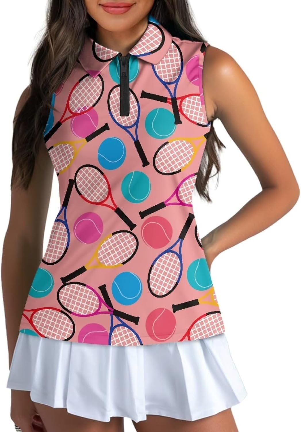 Sleeveless Golf Shirts for Women Lightweight Casual Loose V Neck Zip Up Tank Top Tennis Shirts for Women Plus Size