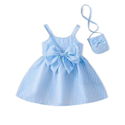 Vestidos infantis de verão sem mangas com laço e laço para bebês vestidos de verão casuais para meninas fofas chapéu + bolsa