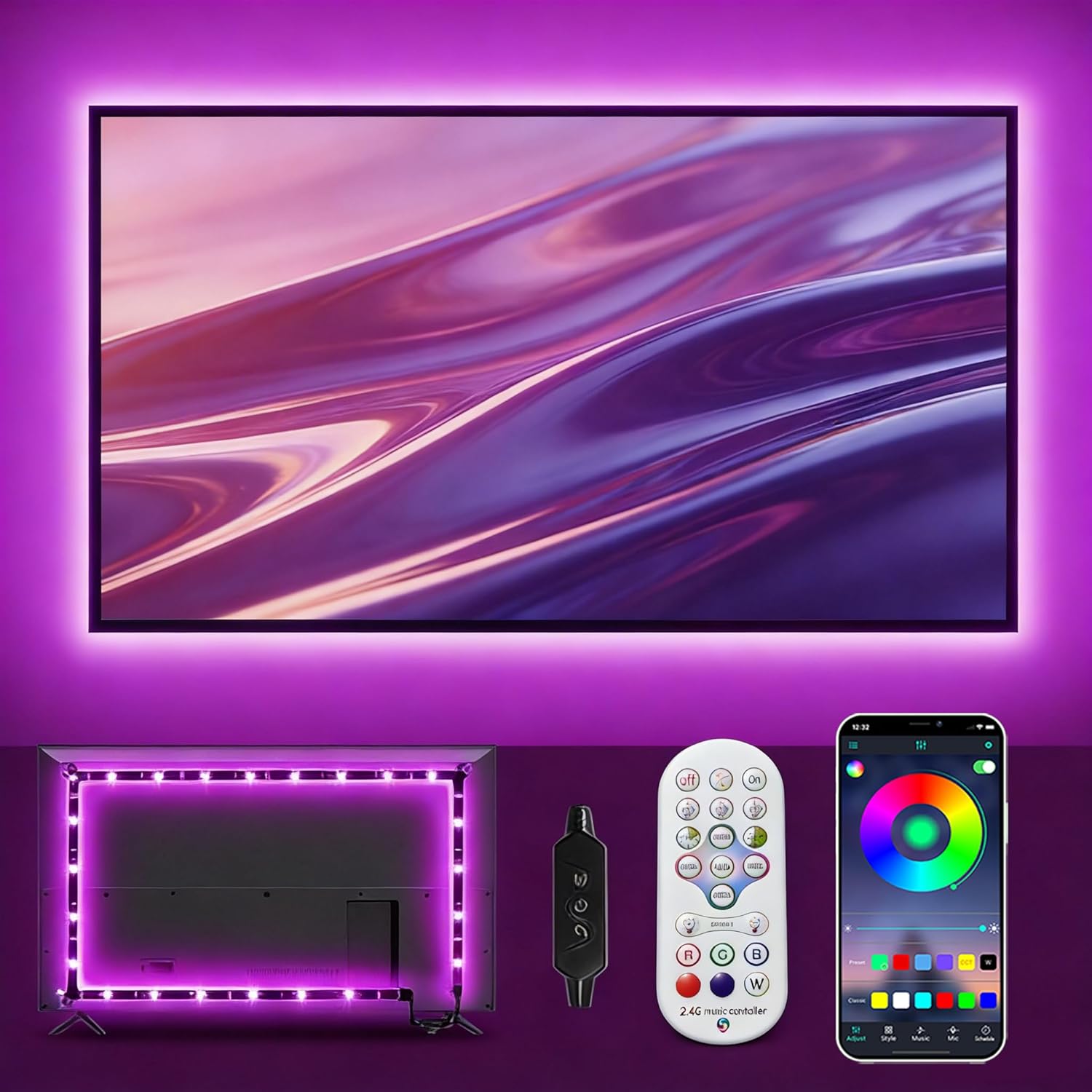 TV LED Backlight 13.1ft for 32-65 Inch TV, LED Lights Behind TV with Music Sync, Bluetooth App & Remote Control, USB Powered Ambient Lighting for Gaming Room Bedroom
