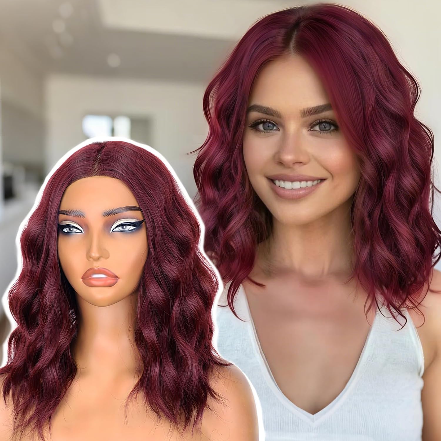 AISI HAIR 14 Inch Wine Red Wigs for Women - Shoulder Length Wave Wig with Pre-Cut Lace Hairline, Middle Part Natural Wavy Bob Synthetic Heat Resistant Fiber for Daily and Party