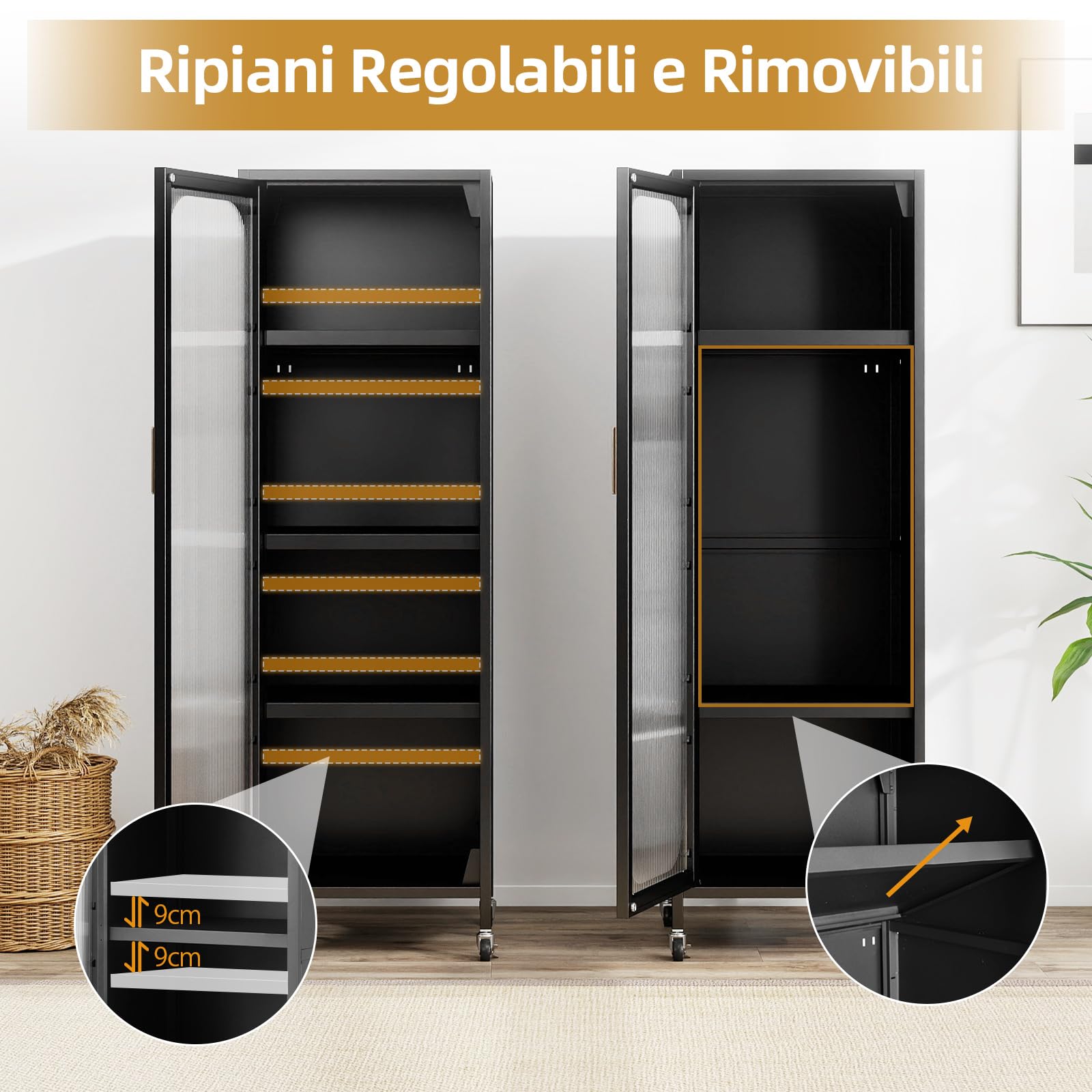 COSTWAY Mobile da Cucina in Metallo a 5 Ripiani, Credenza Salvaspazio con Mensole Regolabili 4 Ruote, Base Intercambiabile e Porta Semitrasparente, Organizzatore per Sala da Pranzo, Soggiorno (Nero)