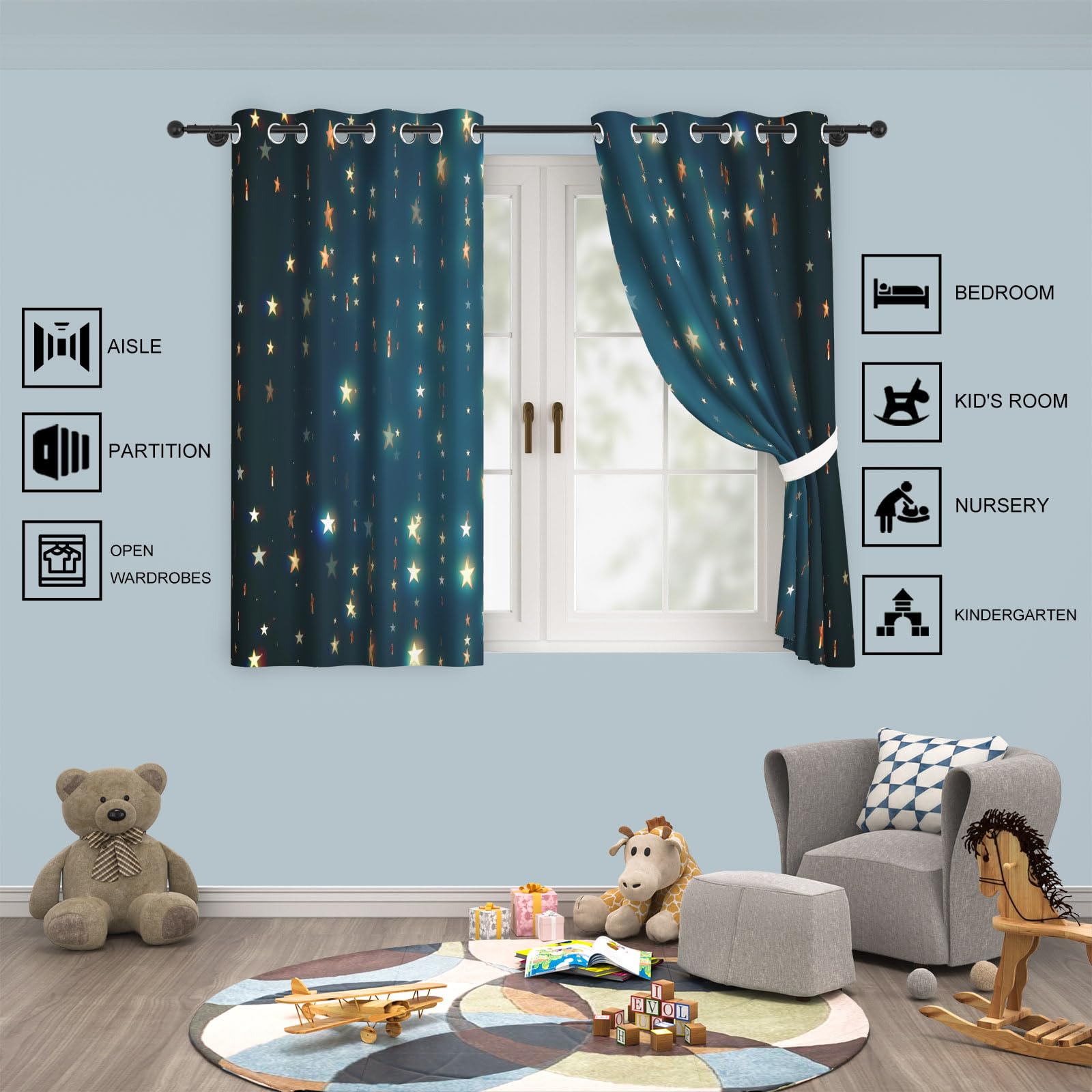 YONGFOTO Cortinas Opacas Espacio Habitación Infantil Niño Estrellas Azules | Estrellas Doradas Brillantes Cortinas Térmicas Opacas para Dormitorio con Ojales 2 Paneles 140 x 229 cm