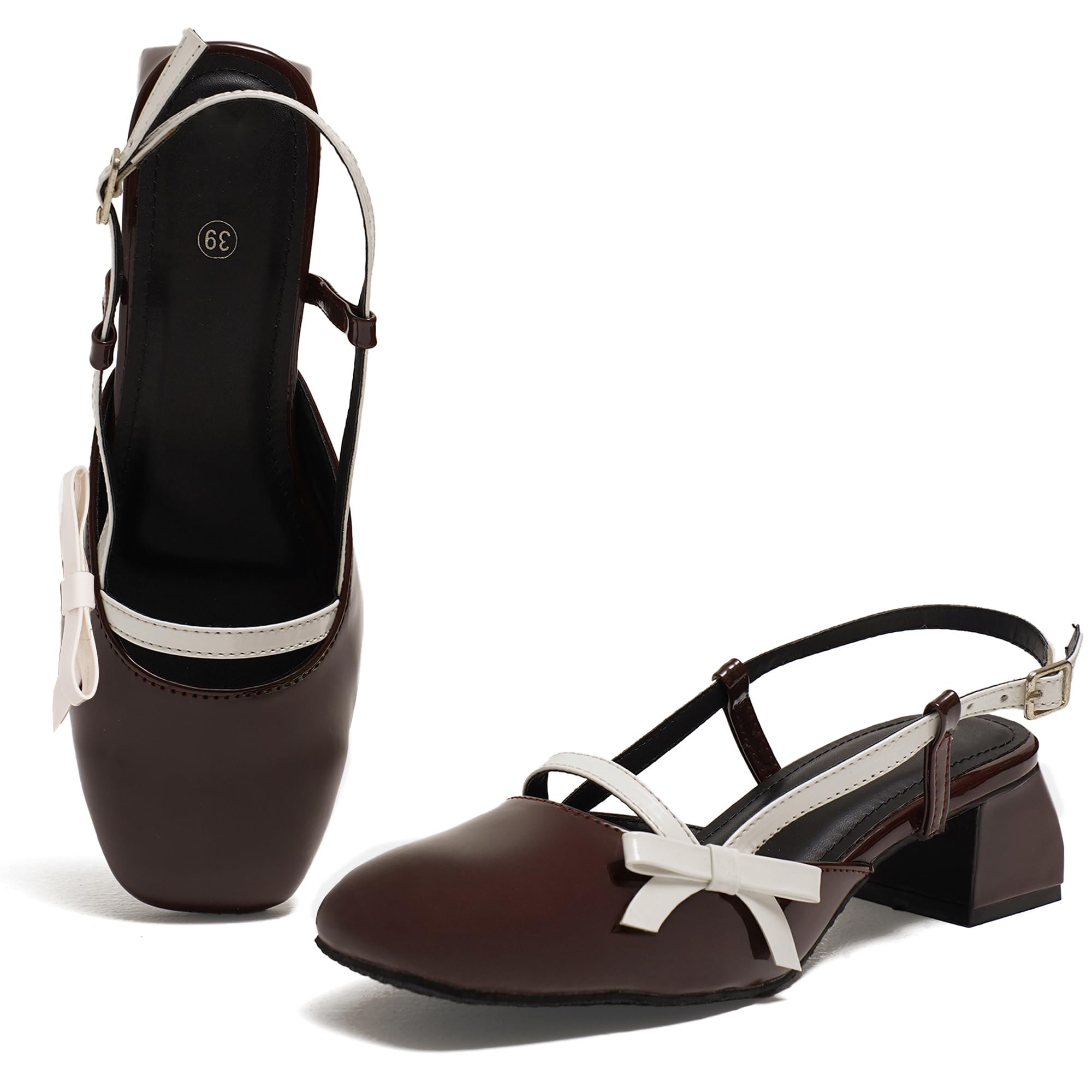FROH FEET Women's Glossy Buckle Strap Mary Jane Block Heel With Bow Detail-picture-44